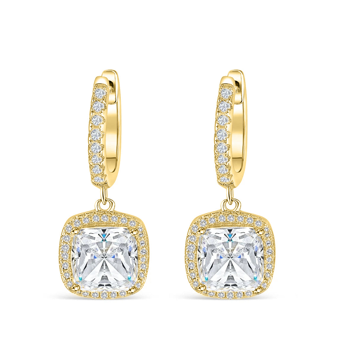 bold, gold cushion cut halo pendant dangling hoop earrings on a white background