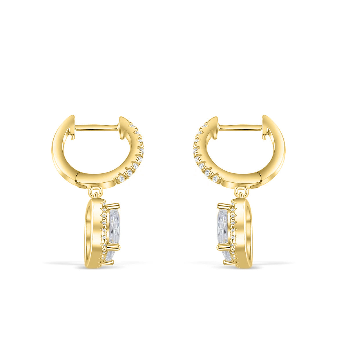 alternative view of bold, gold cushion cut halo pendant dangling hoop earrings on a white background