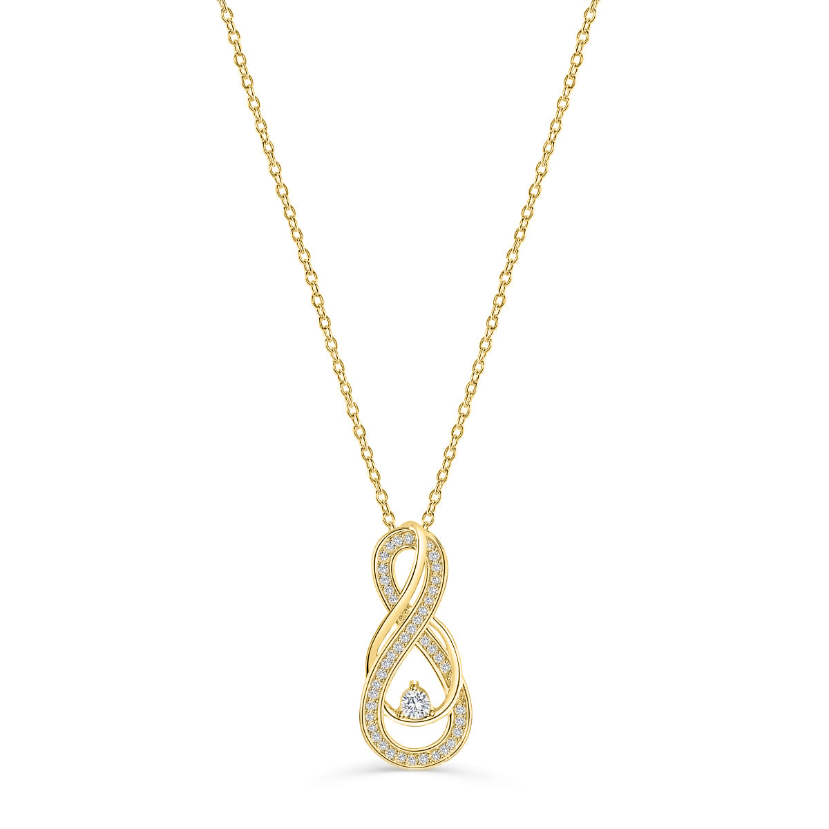 gold unique infinity style pendant bridal necklace on white background