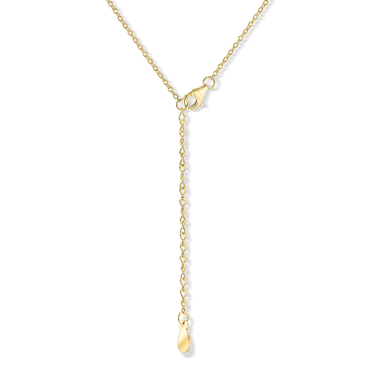 chain extender portion of gold unique infinity style pendant bridal necklace on white background