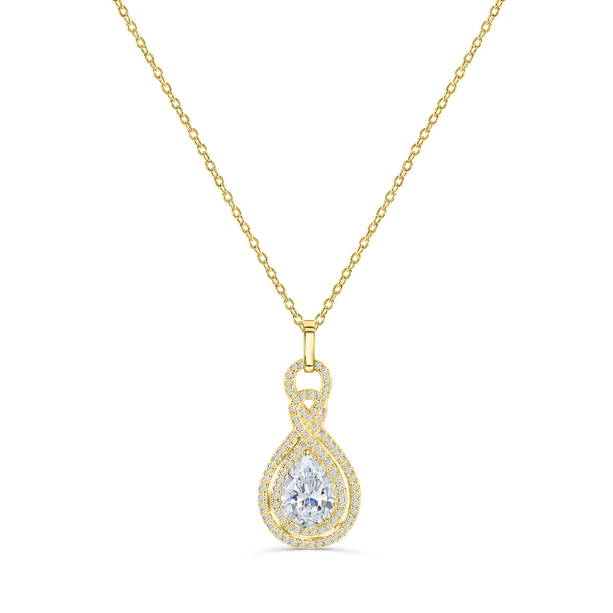 stunning gold pear cut bridal necklace with intricate stone detailing on white background