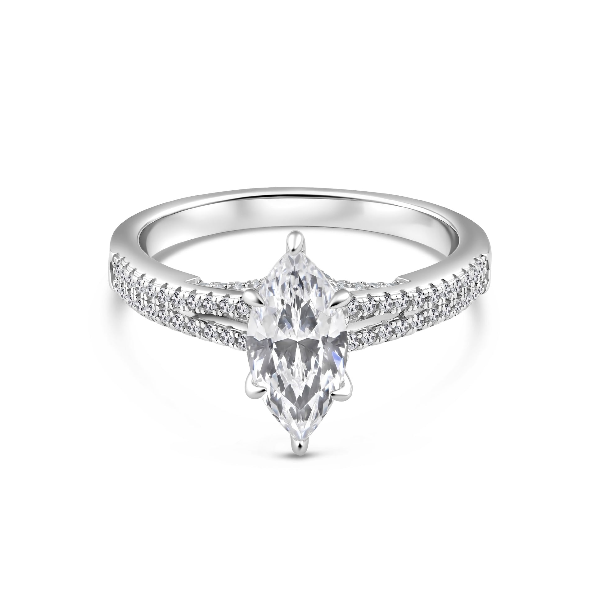 Silver 2 carat marquise cut split shank engagement ring on white background