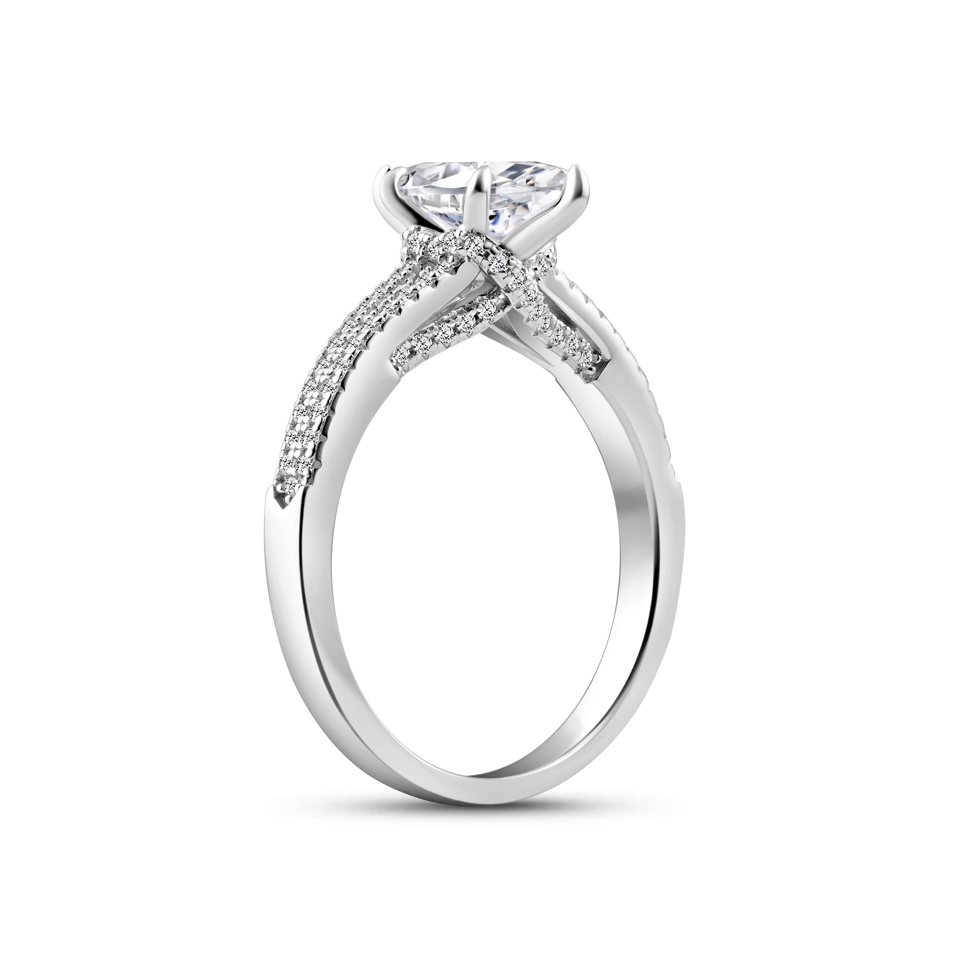 Alternative view of a silver 2 carat marquise cut split shank engagement ring on white background