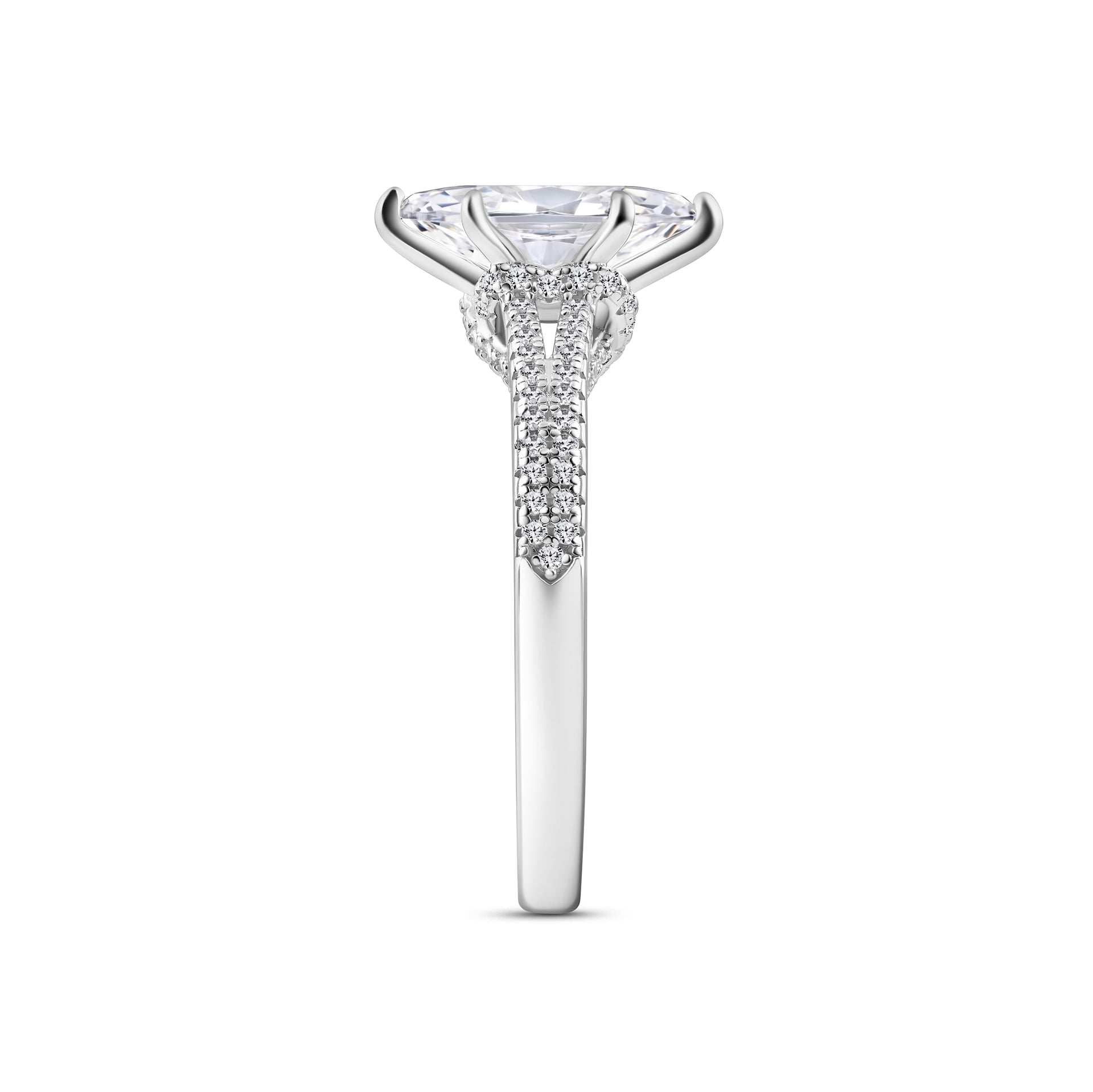 Side view of a silver 2 carat marquise cut split shank engagement ring on white background