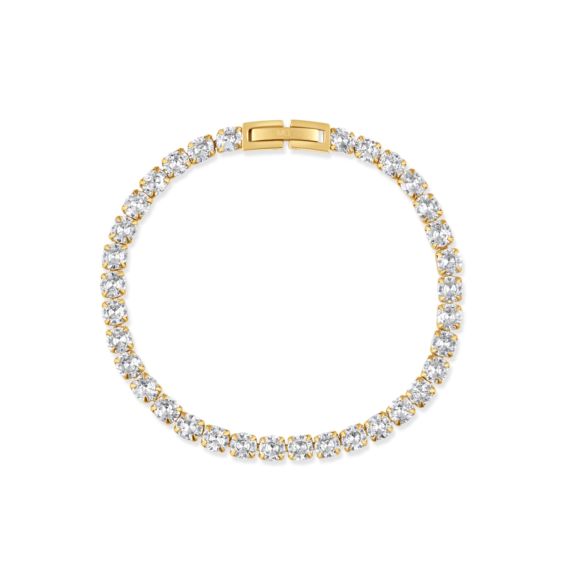 stunning gold tennis bracelet laying flat and closed on a white background
