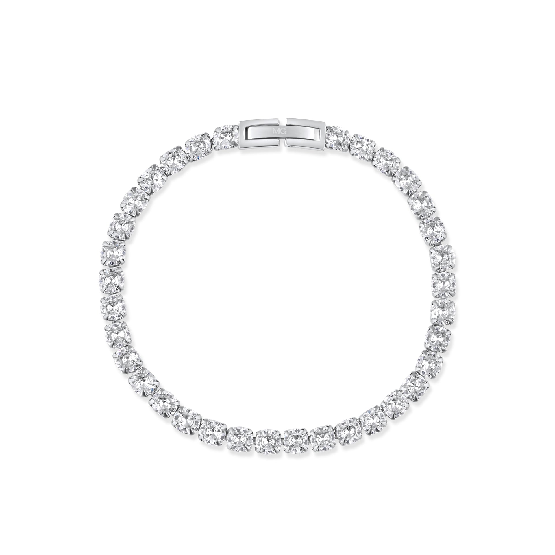 stunning silver tennis bracelet laying flat and closed on a white background