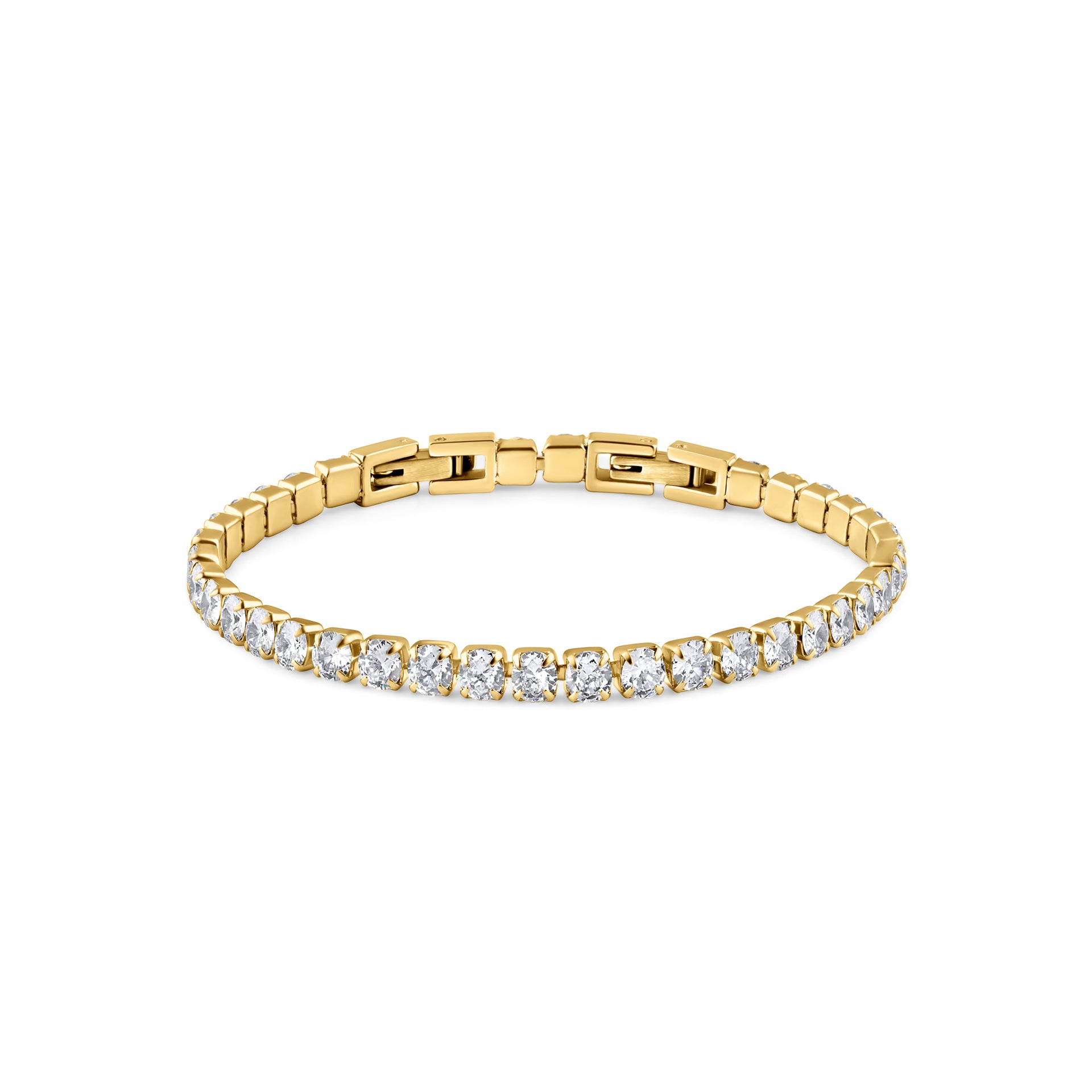 stunning gold tennis bracelet shown with its extender piece on a white background