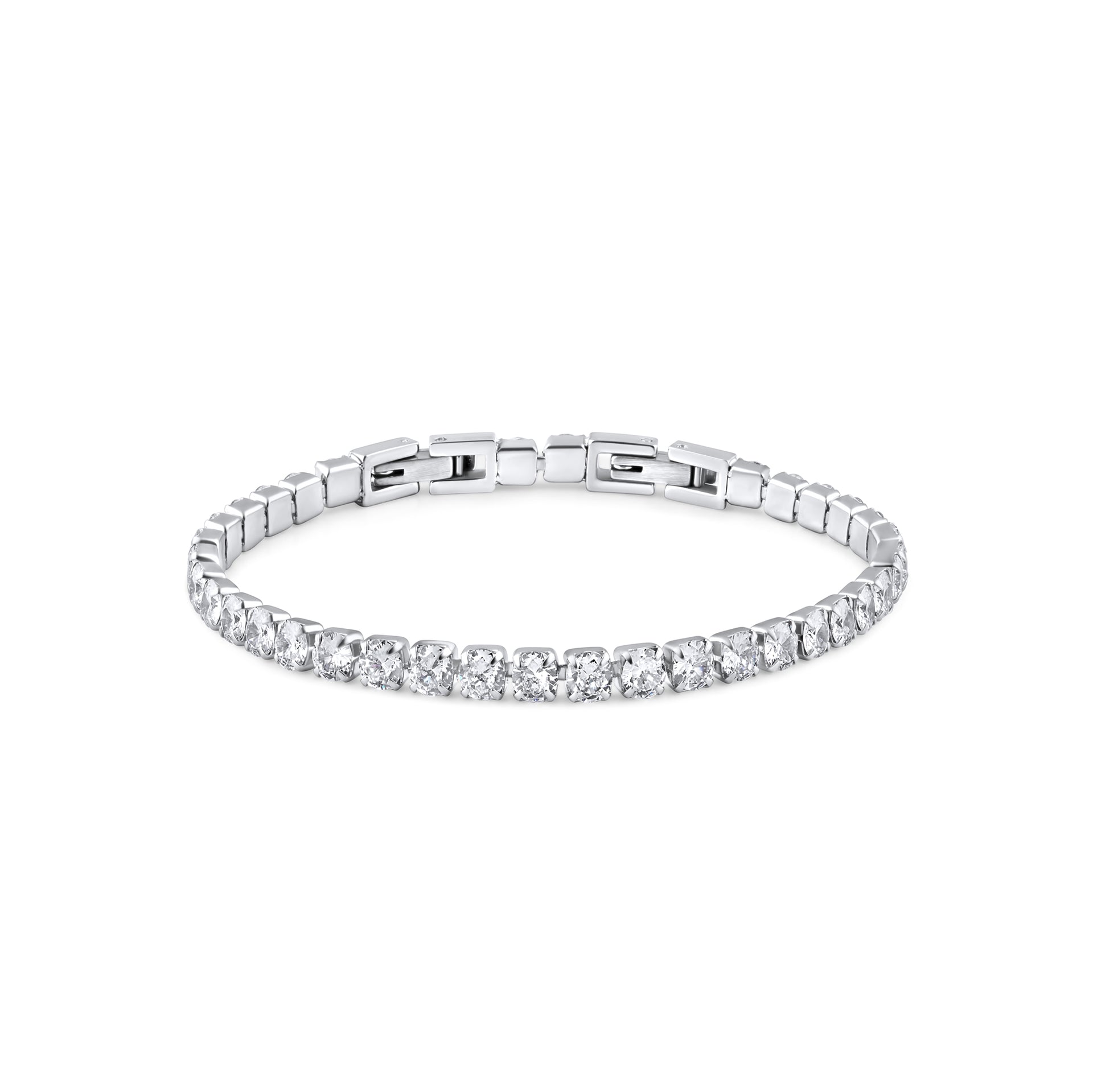 stunning silver tennis bracelet shown with its extender piece on a white background