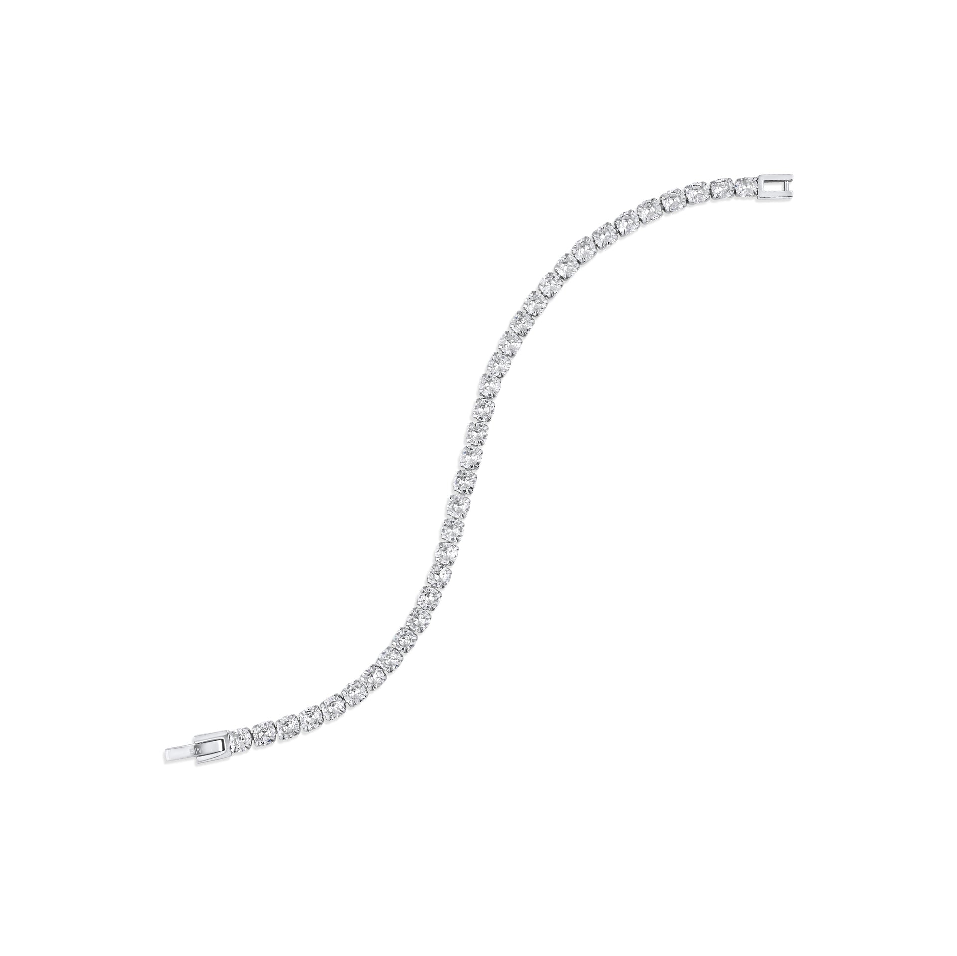 a silver, unclasped tennis bracelet in a natural position on a white background