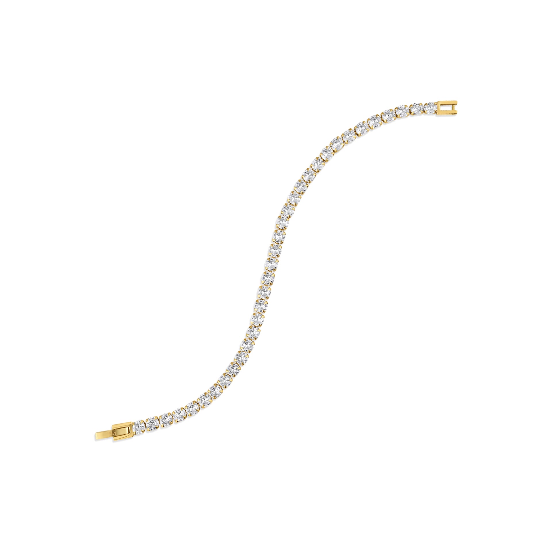 a gold, unclasped tennis bracelet in a natural position on a white background