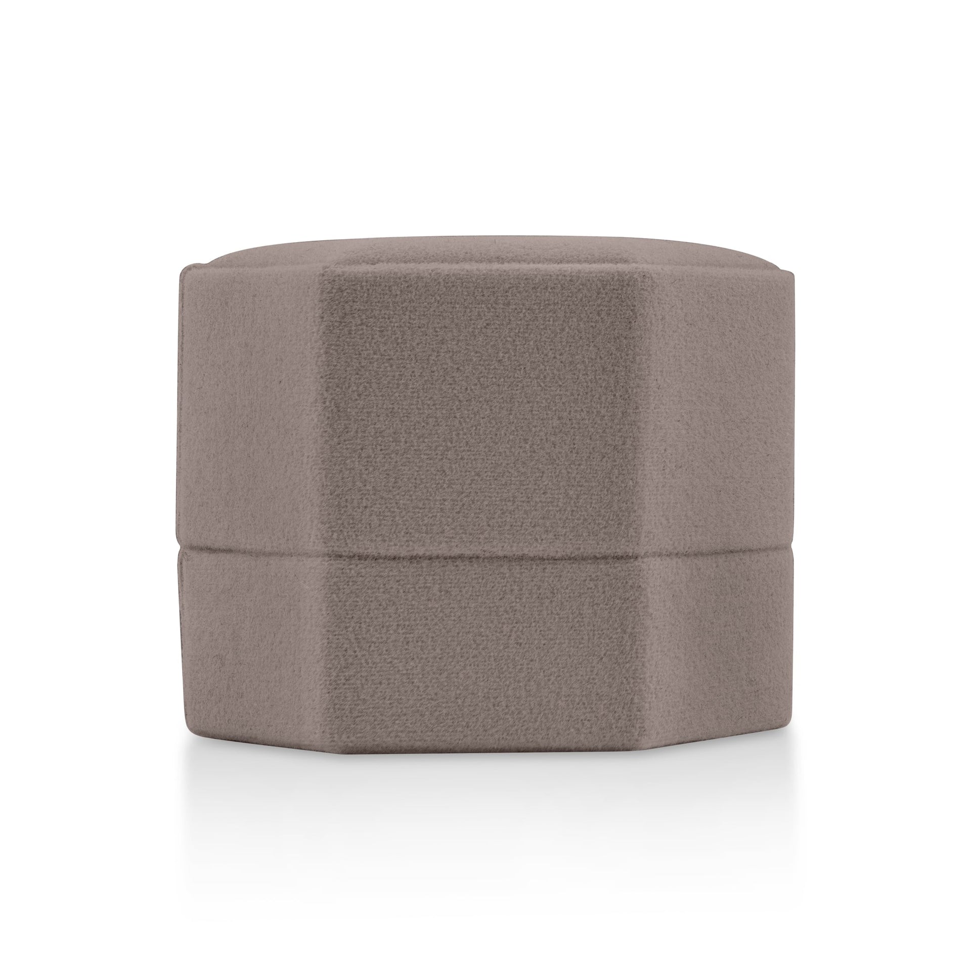 Taupe velvet hexagon ring box shown closed on a white background