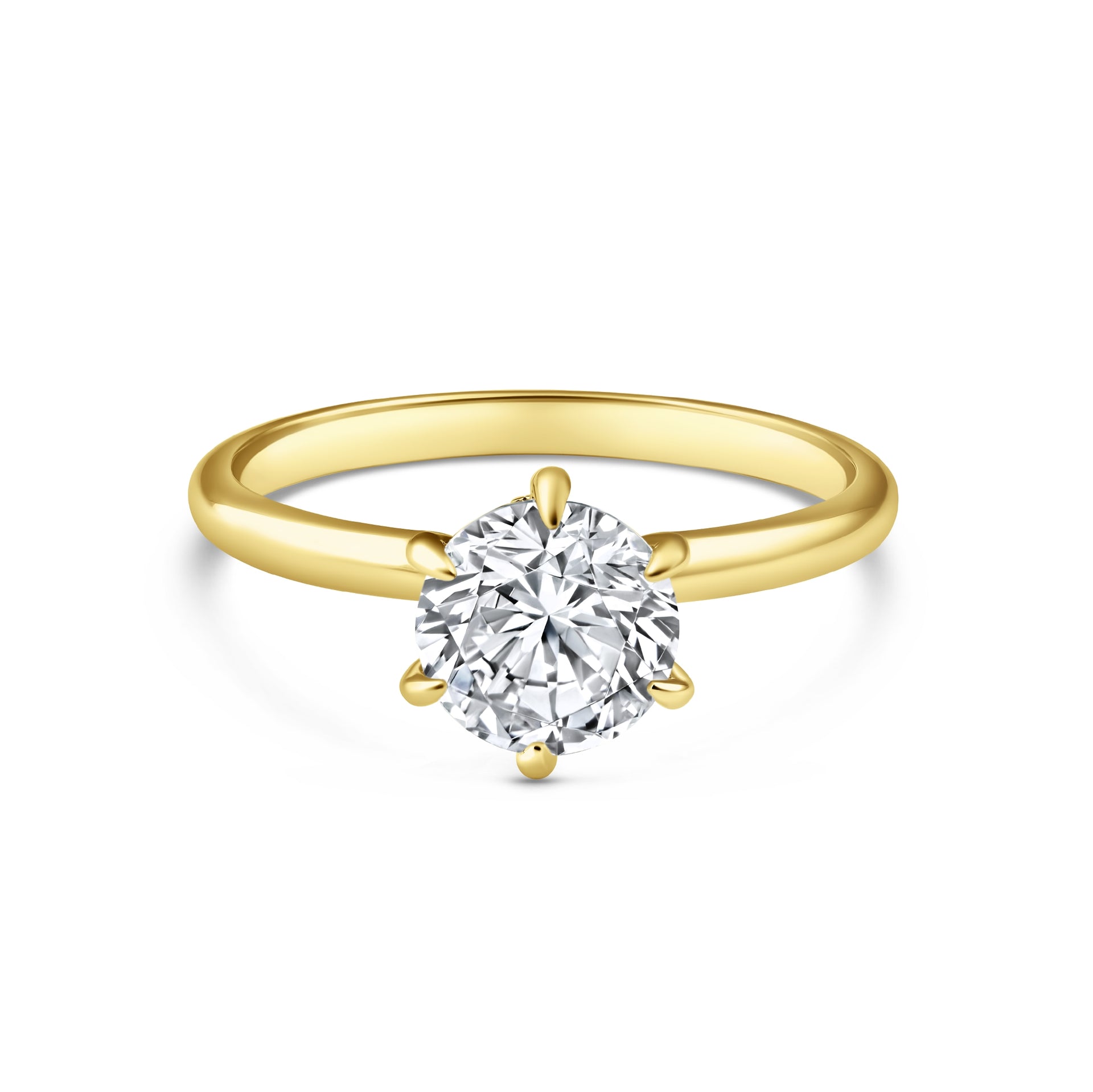 Gold 2 carat 6 prong solitaire engagement ring with secret halo detail on a white background