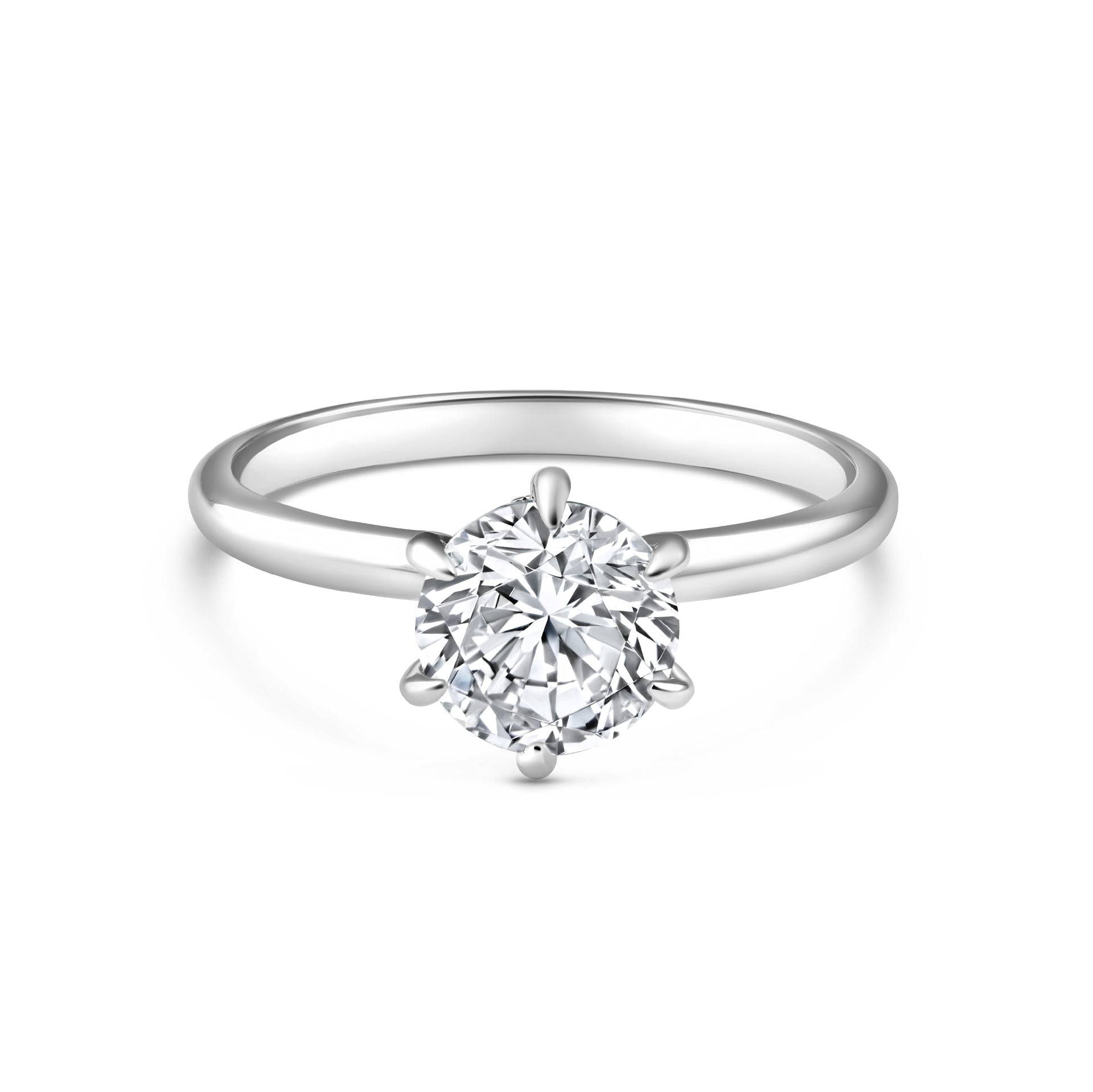 Silver 2 carat 6 prong solitaire engagement ring with secret halo detail on a white background