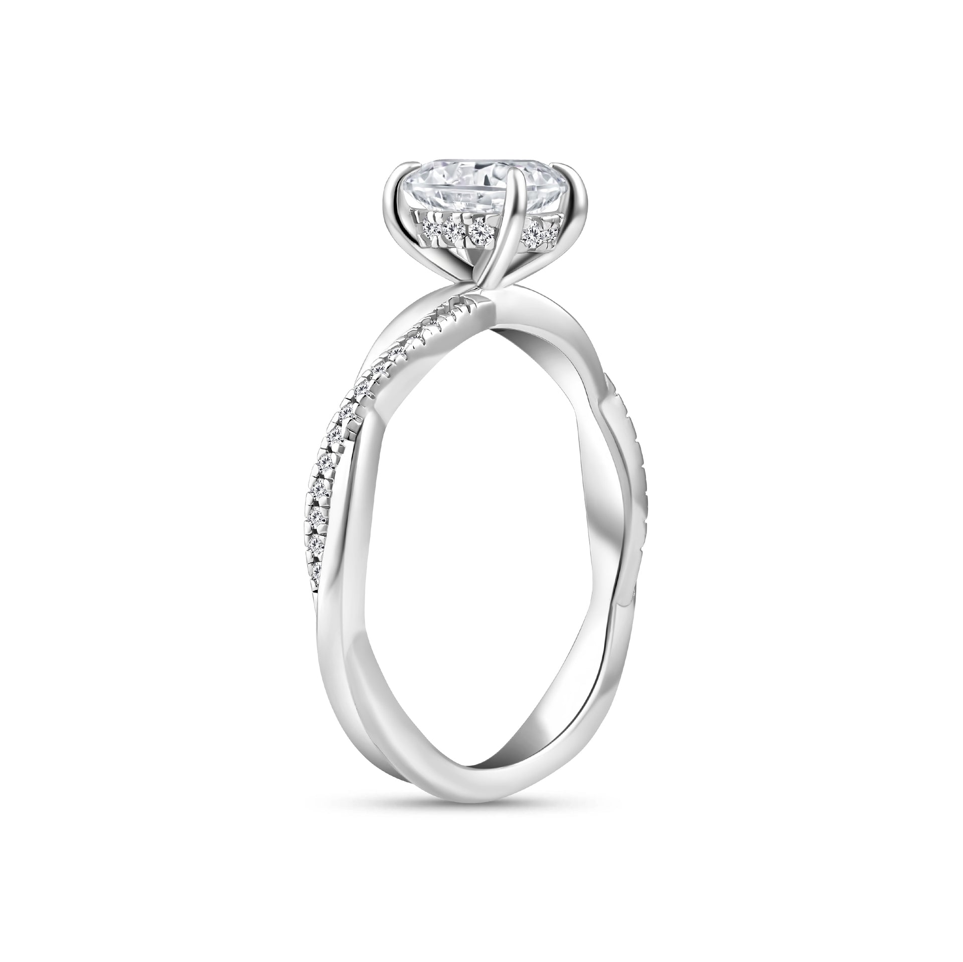 alternative open facing view of a silver vintage 1.5 carat oval cut engagement ring with a half sleek and pavé half eternity twisting detail along the band on a white background 