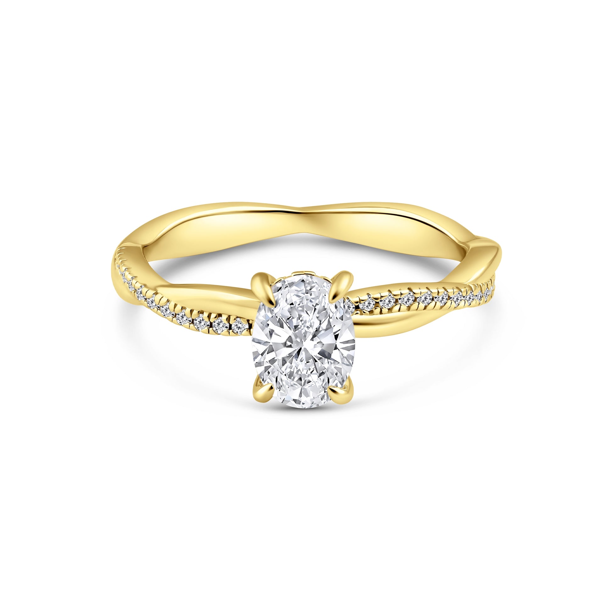 gold 1.5 carat oval cut engagement ring with a twisting sleek and pavé half eternity detail along the band on a white background