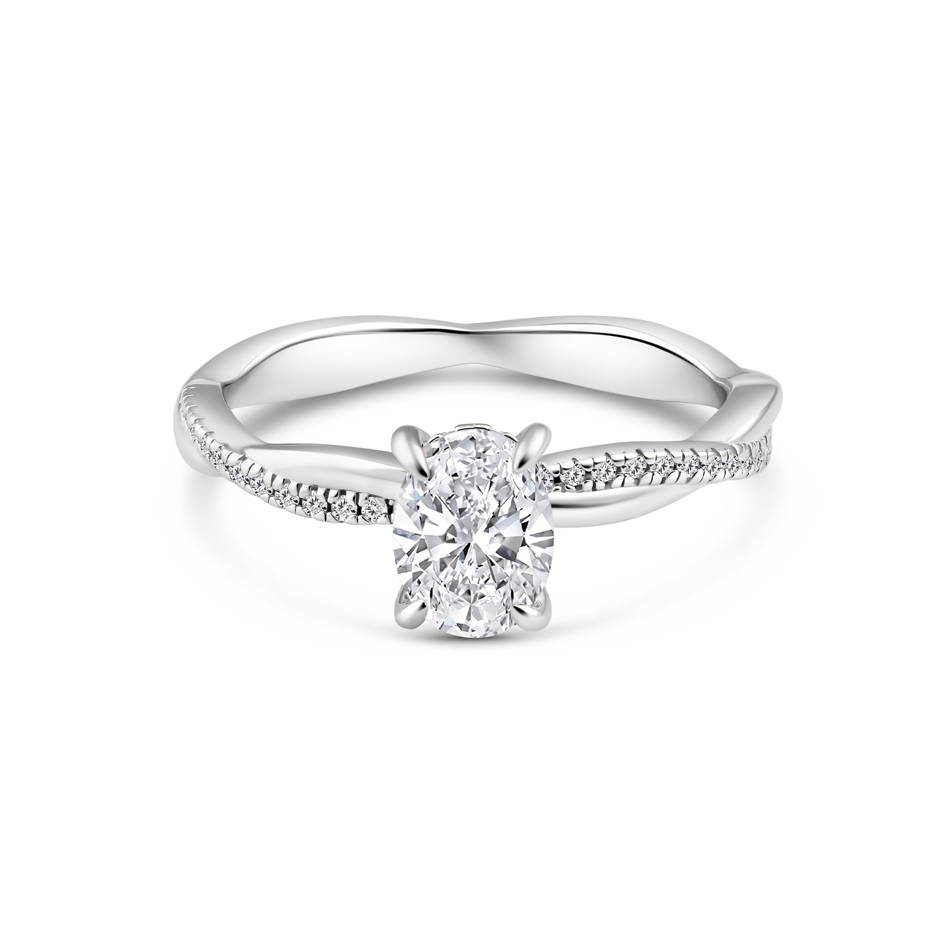 silver 1.5 carat oval cut engagement ring with a twisting sleek and pavé half eternity detail along the band on a white background
