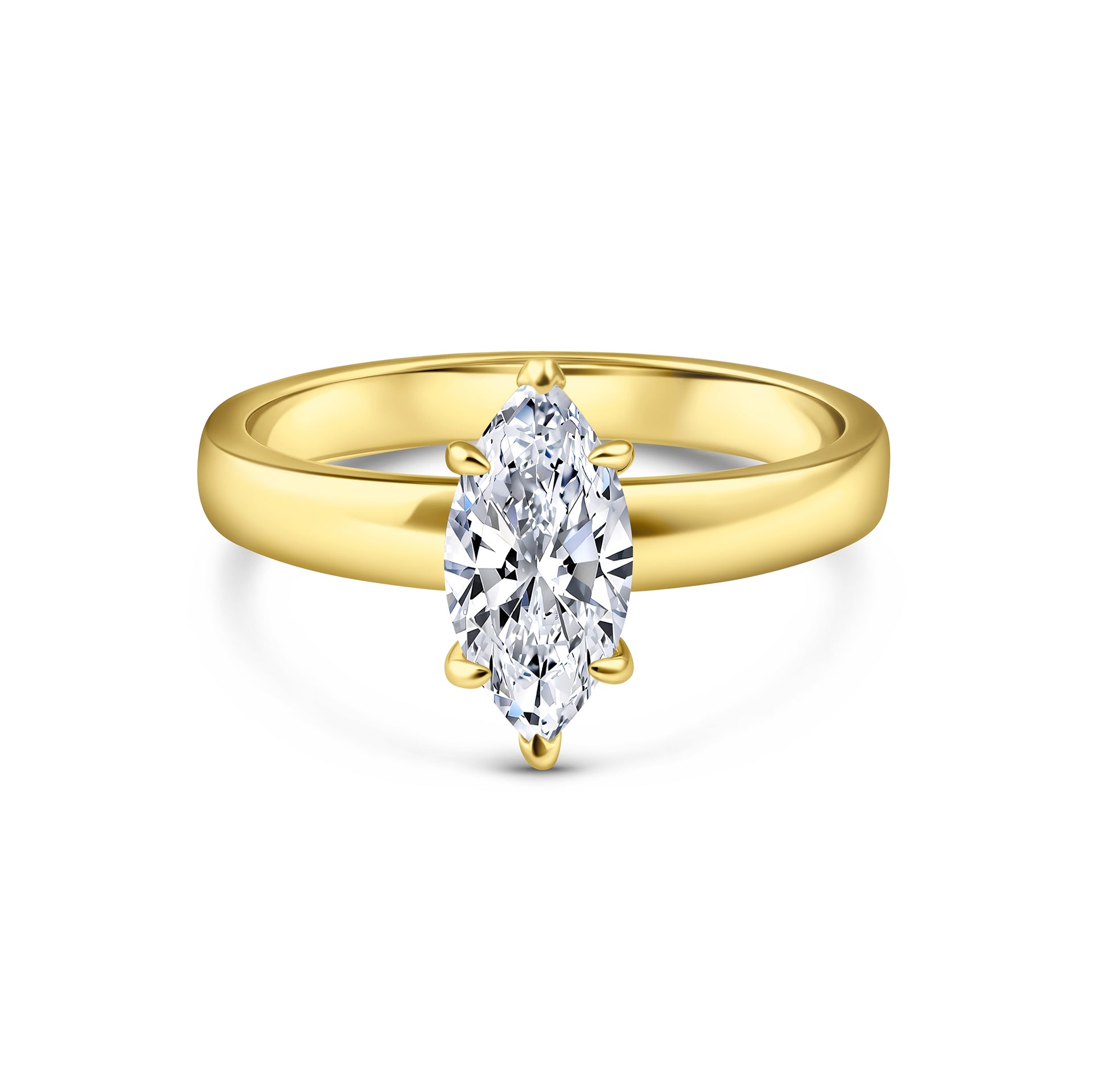 bold gold 2 carat marquise cut solitaire engagement ring on a white background