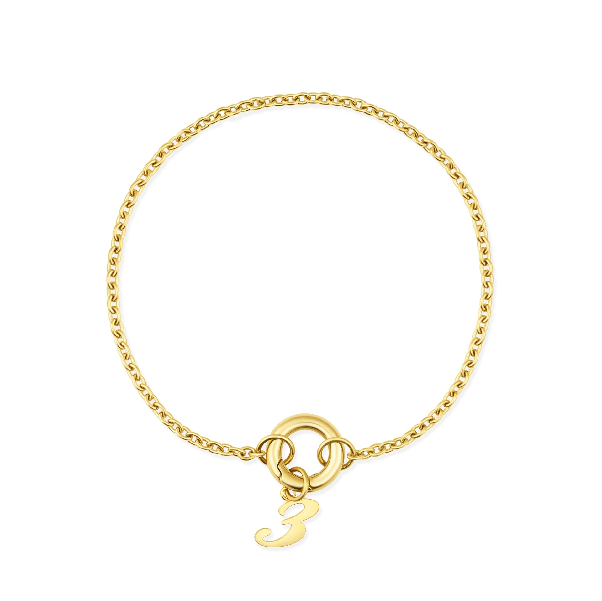 dainty gold stainless steel cable chain charm bracelet with a "3" charm pendant on a white background