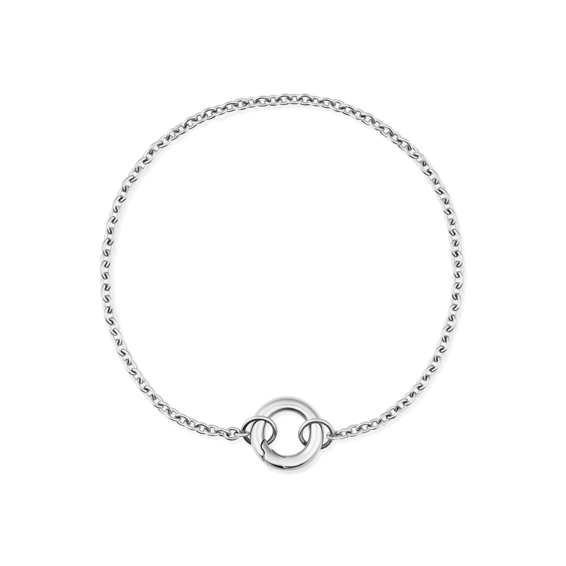 dainty silver stainless steel cable chain charm bracelet on a white background