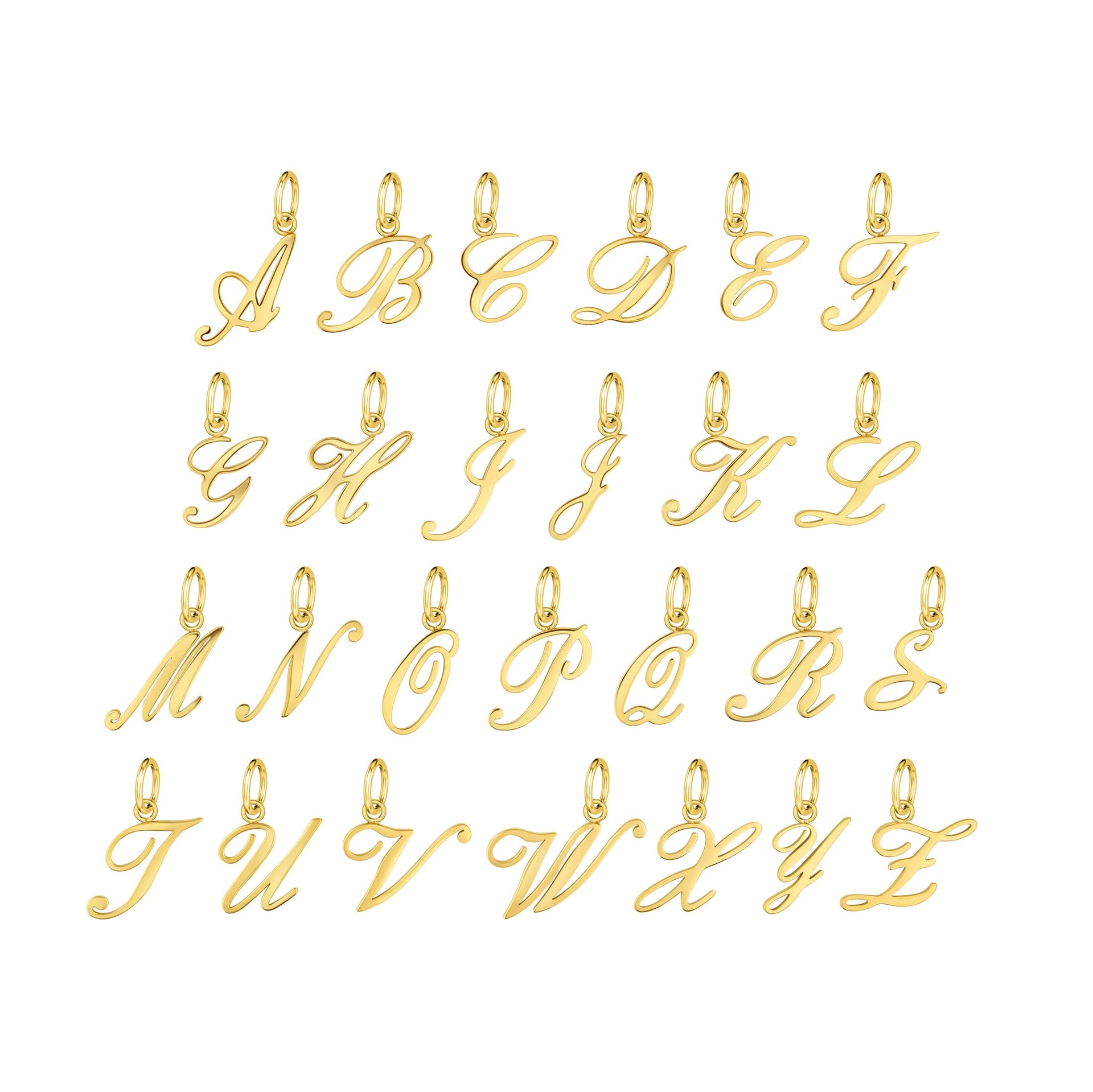 a set of gold stainless steel cursive letter charms shown in A-Z on a white background