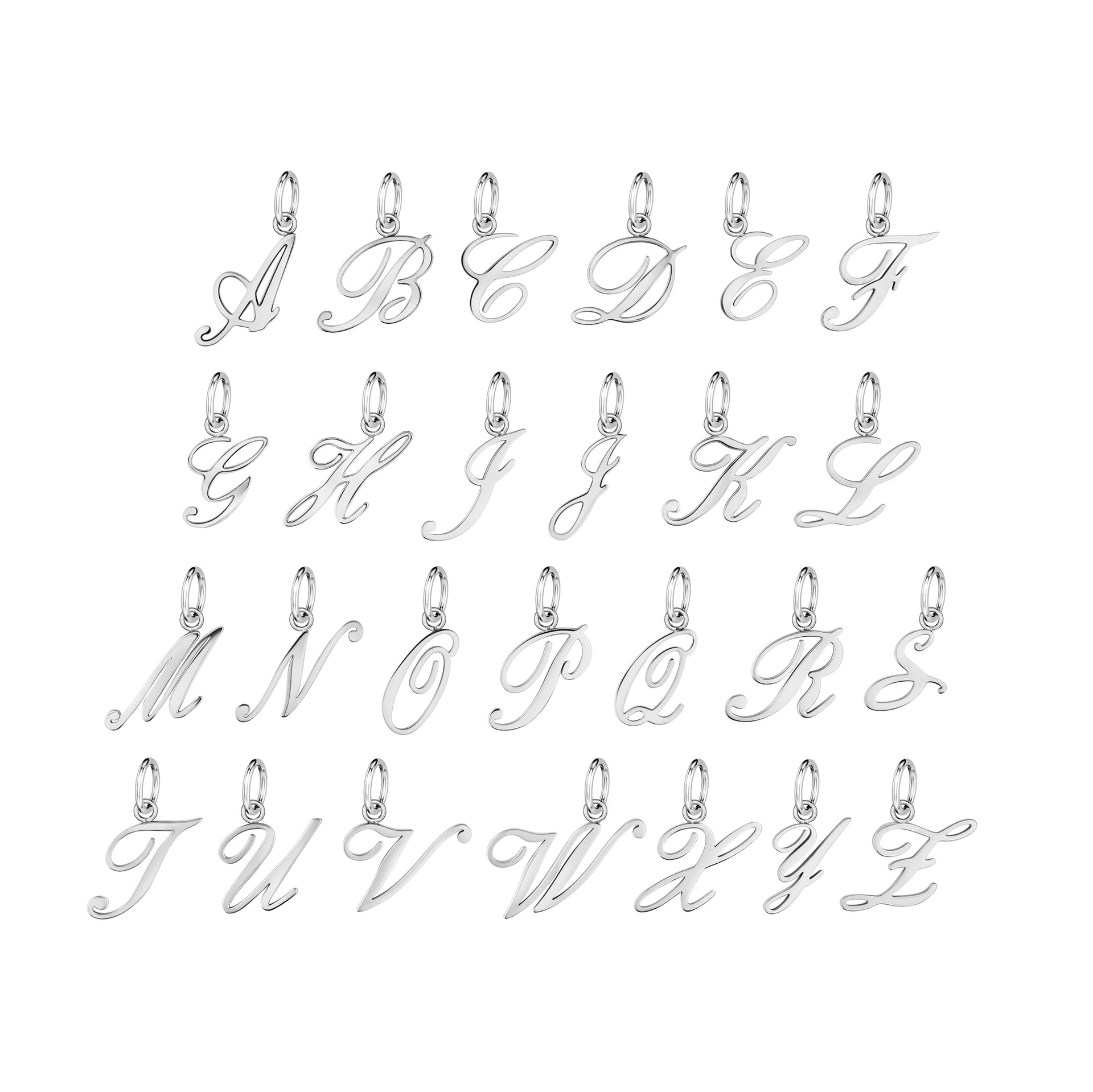 a set of silver stainless steel cursive letter charms shown in A-Z on a white background