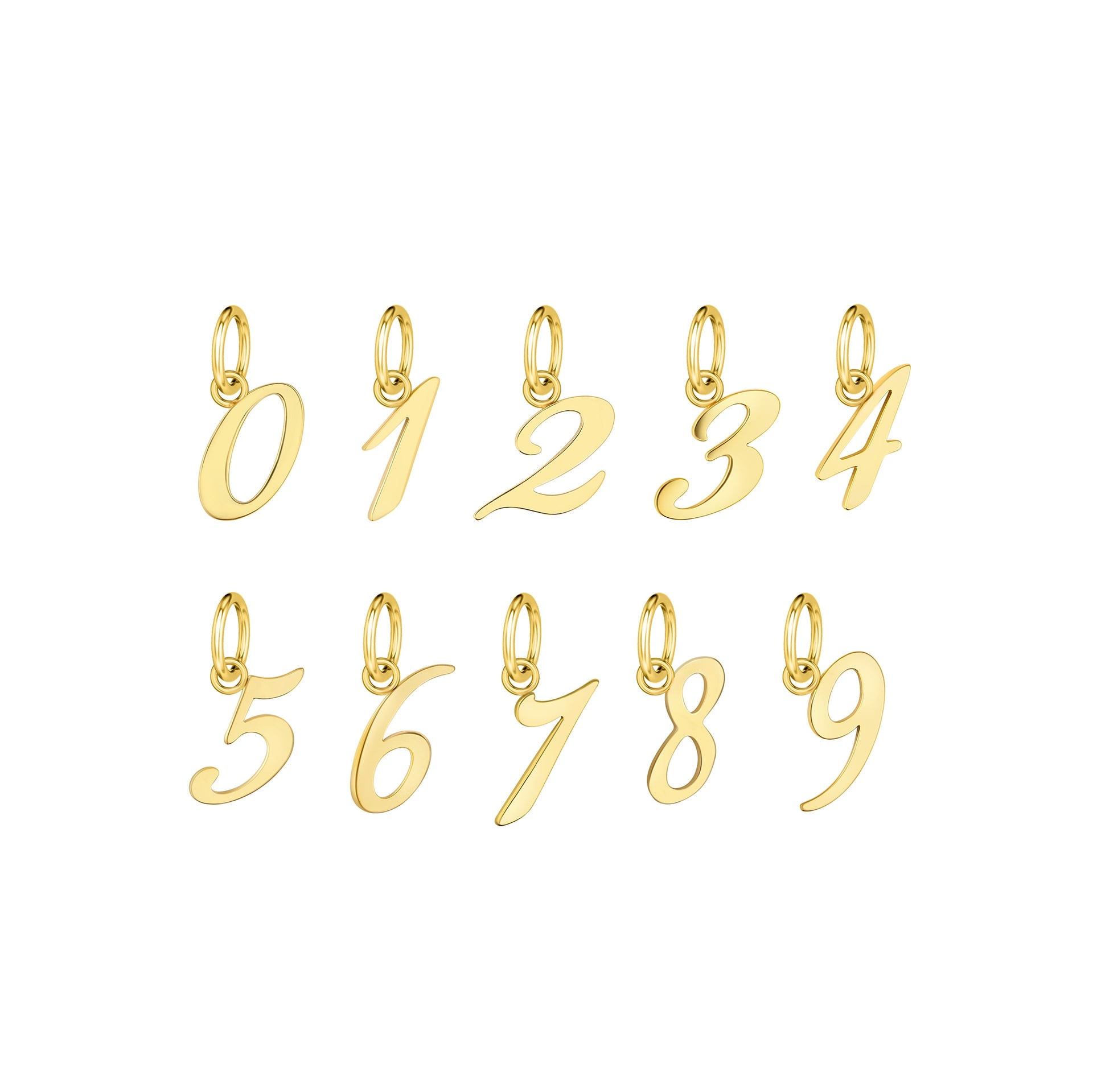 a set of gold stainless steel number charms 0-9 on a white background