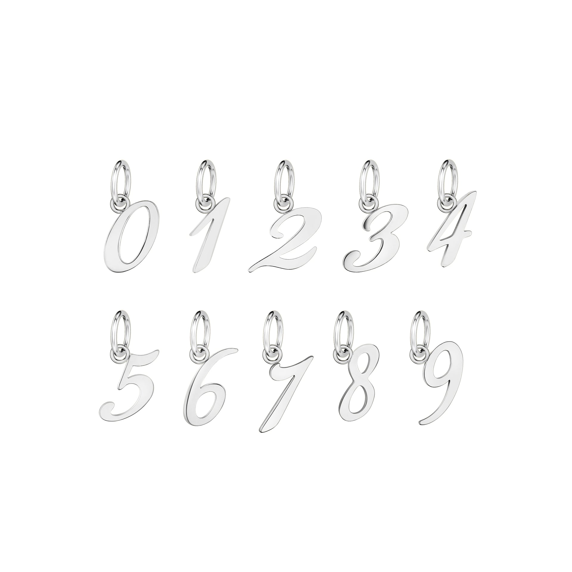 a set of silver stainless steel number charms 0-9 on a white background