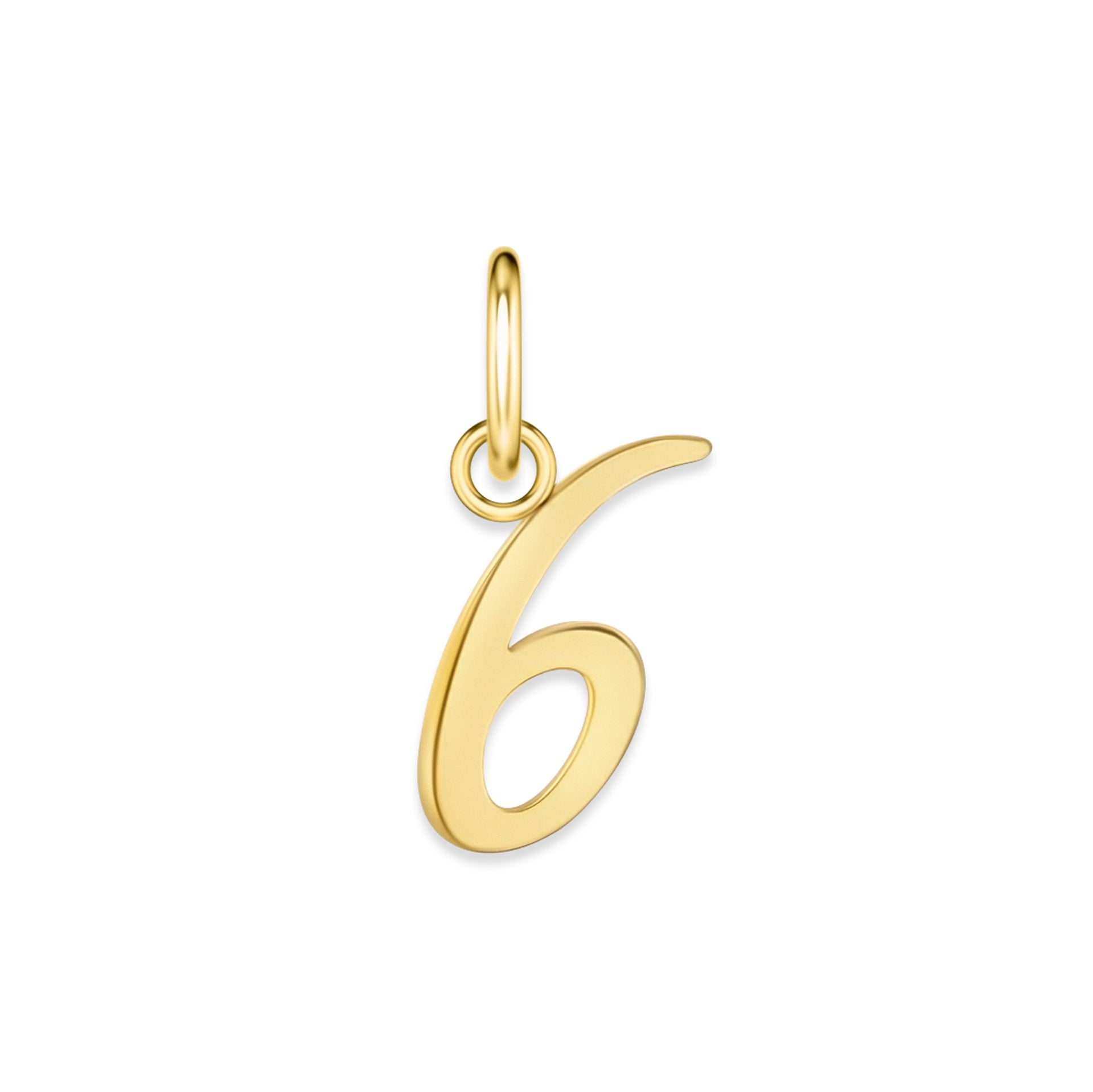 gold stainless steel number charm "6" on a white background
