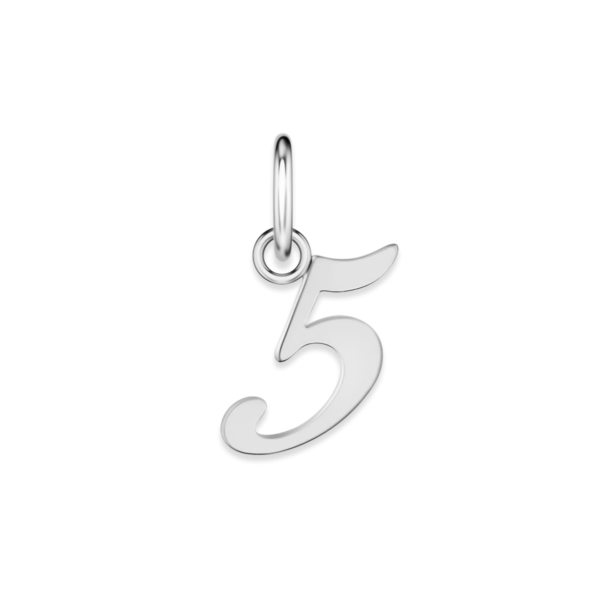 silver stainless steel number charm "5" on a white background