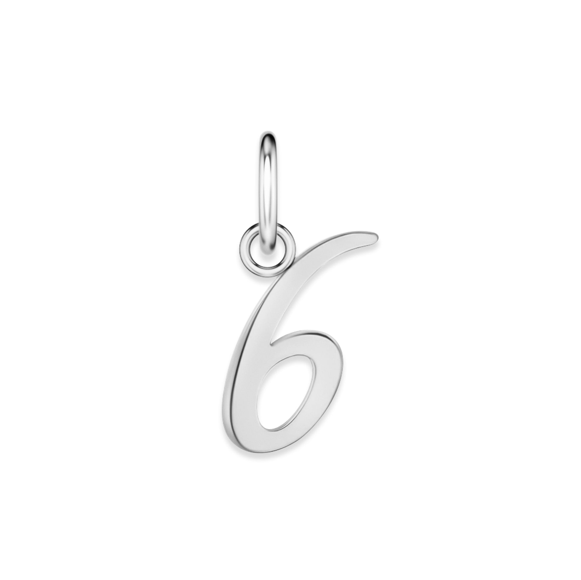 silver stainless steel number charm "6" on a white background