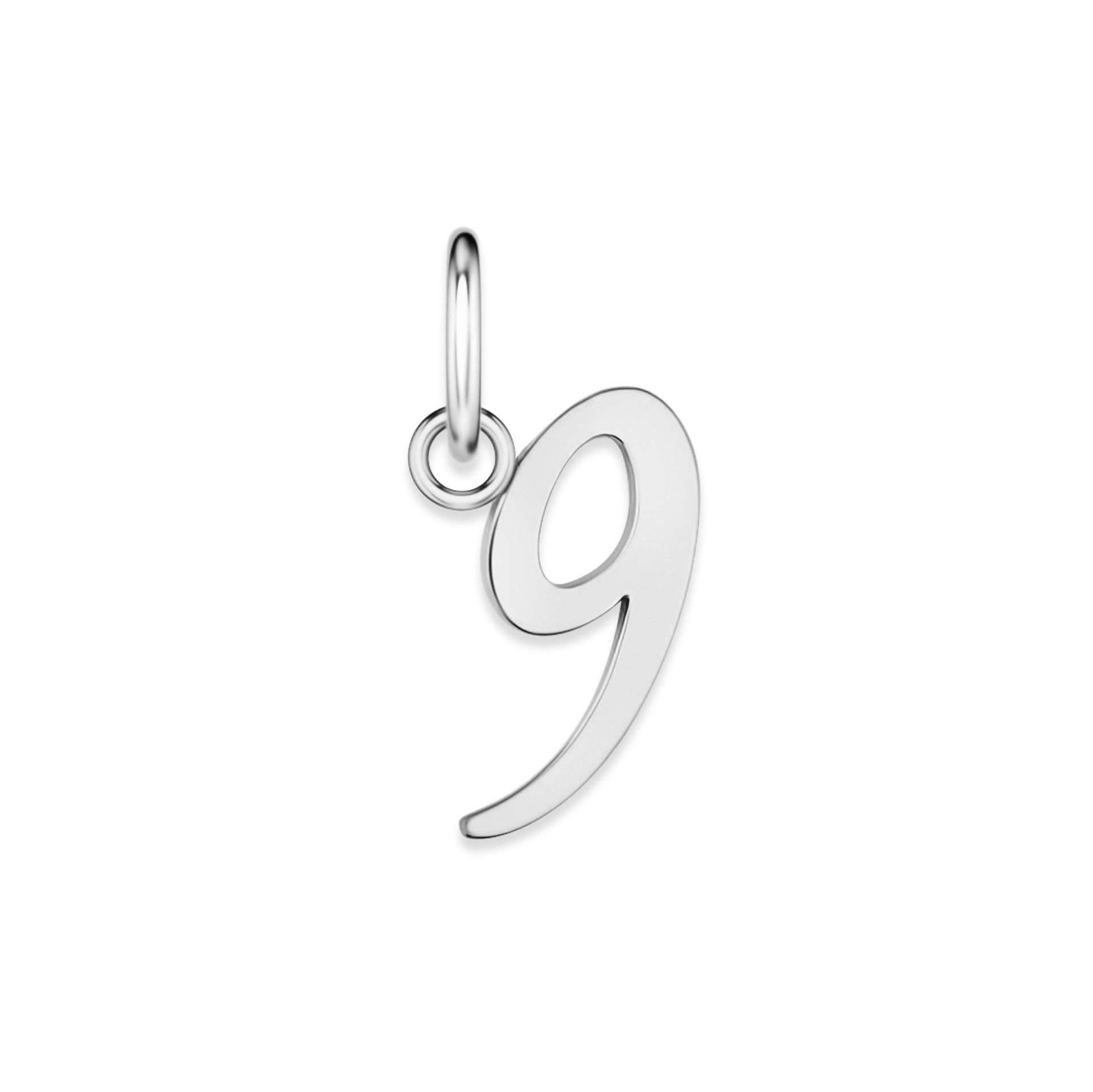 silver stainless steel number charm "9" on a white background