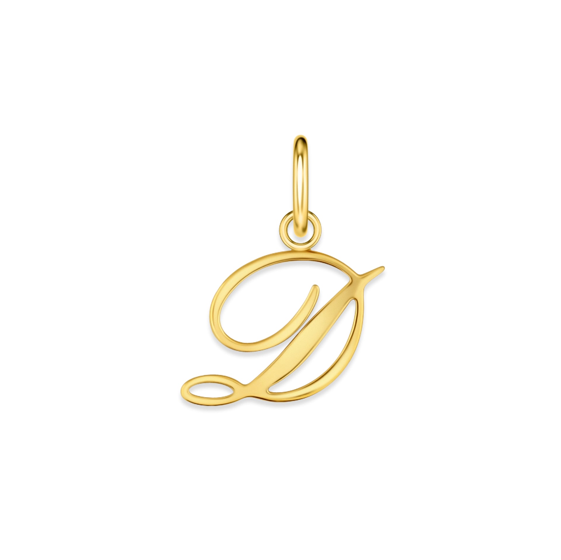 gold stainless steel cursive letter charm "D" on a white background