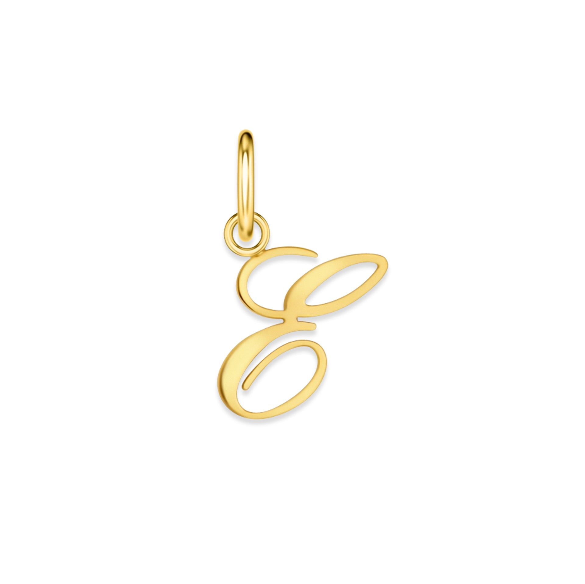 gold stainless steel cursive letter charm "E" on a white background