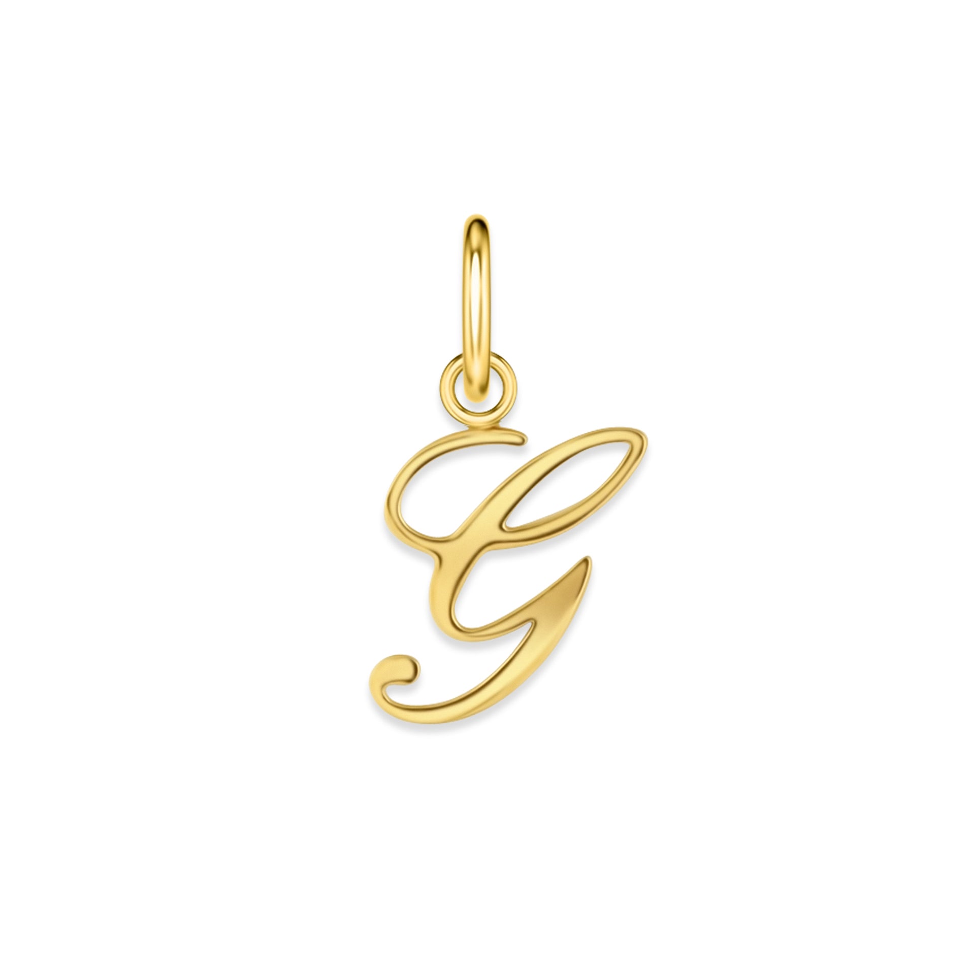 gold stainless steel cursive letter charm "G" on a white background