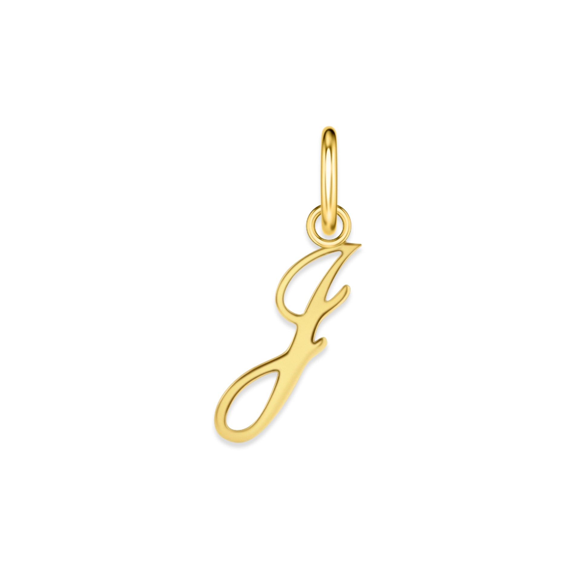 gold stainless steel cursive letter charm "J" on a white background