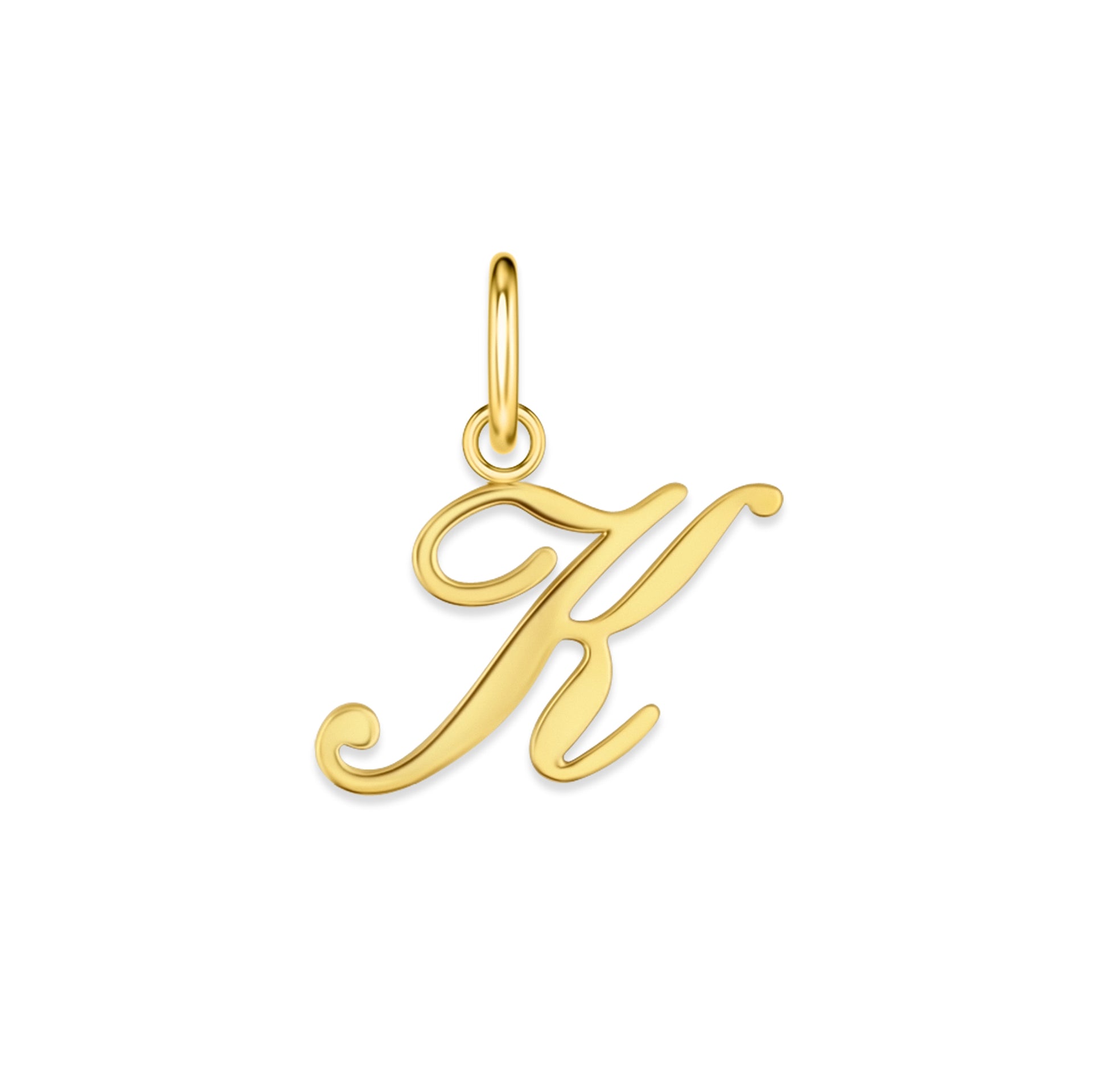 gold stainless steel cursive letter charm "K" on a white background