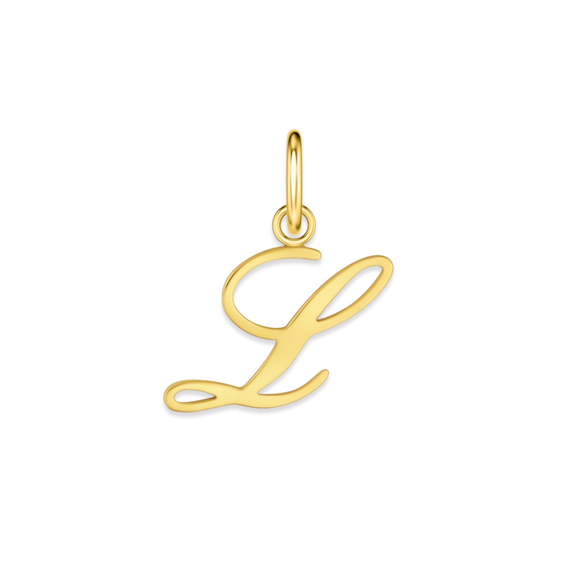 gold stainless steel cursive letter charm "L" on a white background