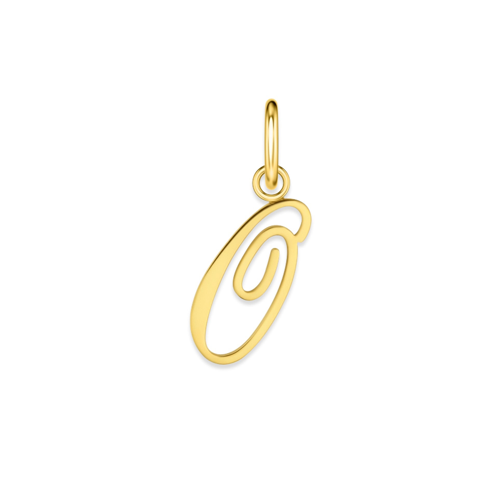 gold stainless steel cursive letter charm "O" on a white background