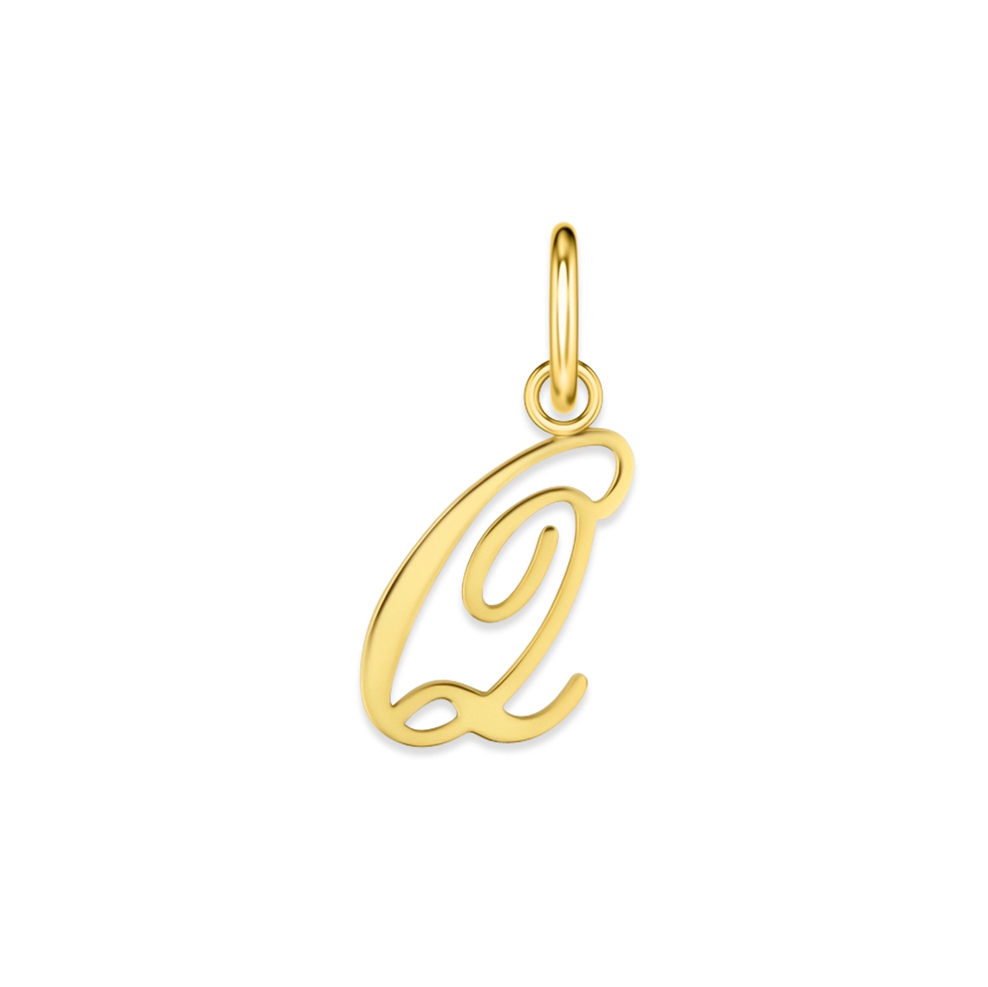 gold stainless steel cursive letter charm "Q" on a white background