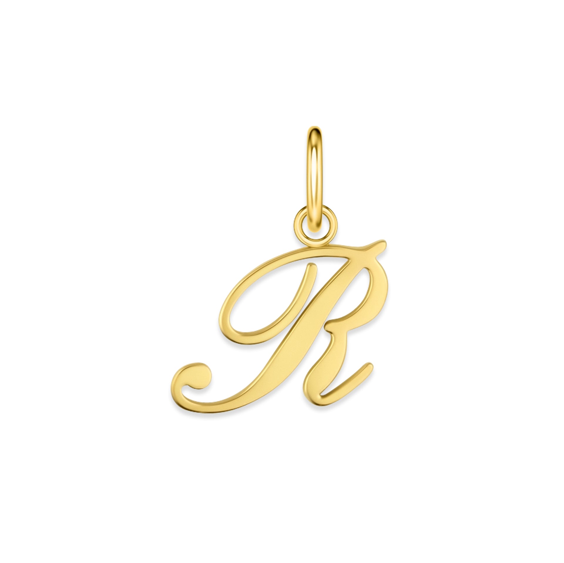 gold stainless steel cursive letter charm "R" on a white background