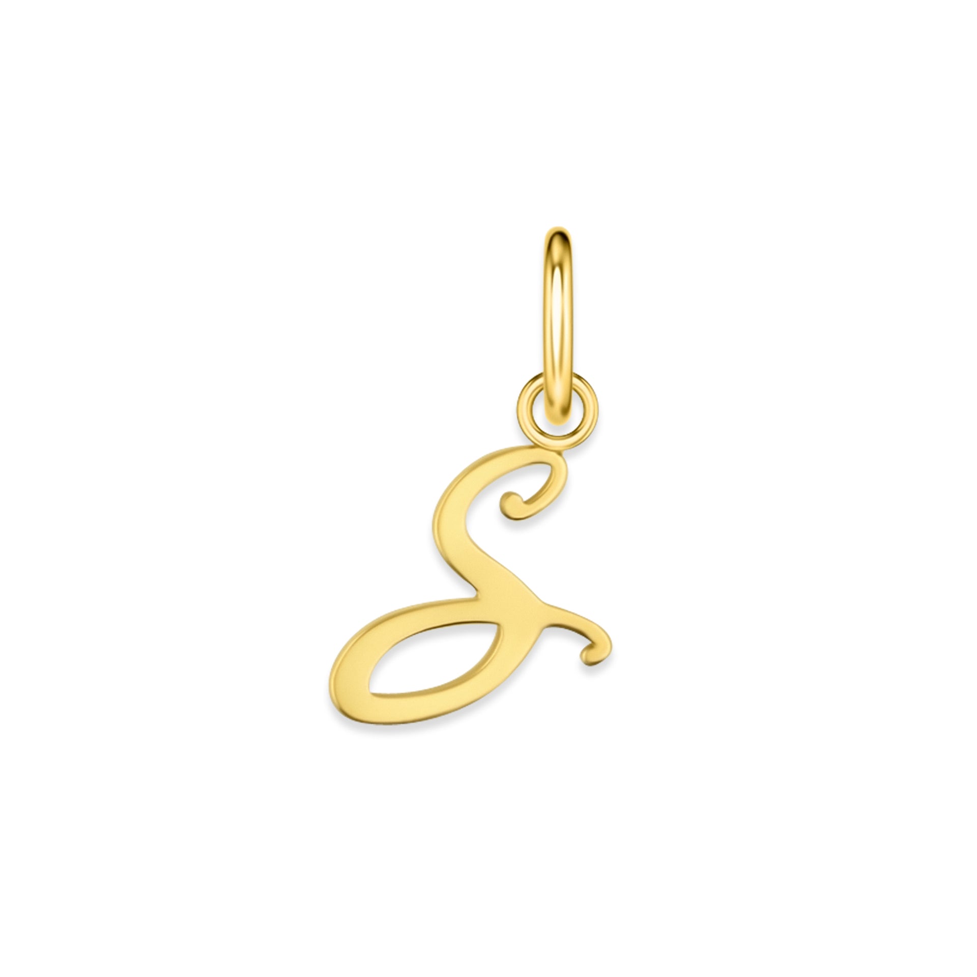 gold stainless steel cursive letter charm "S" on a white background