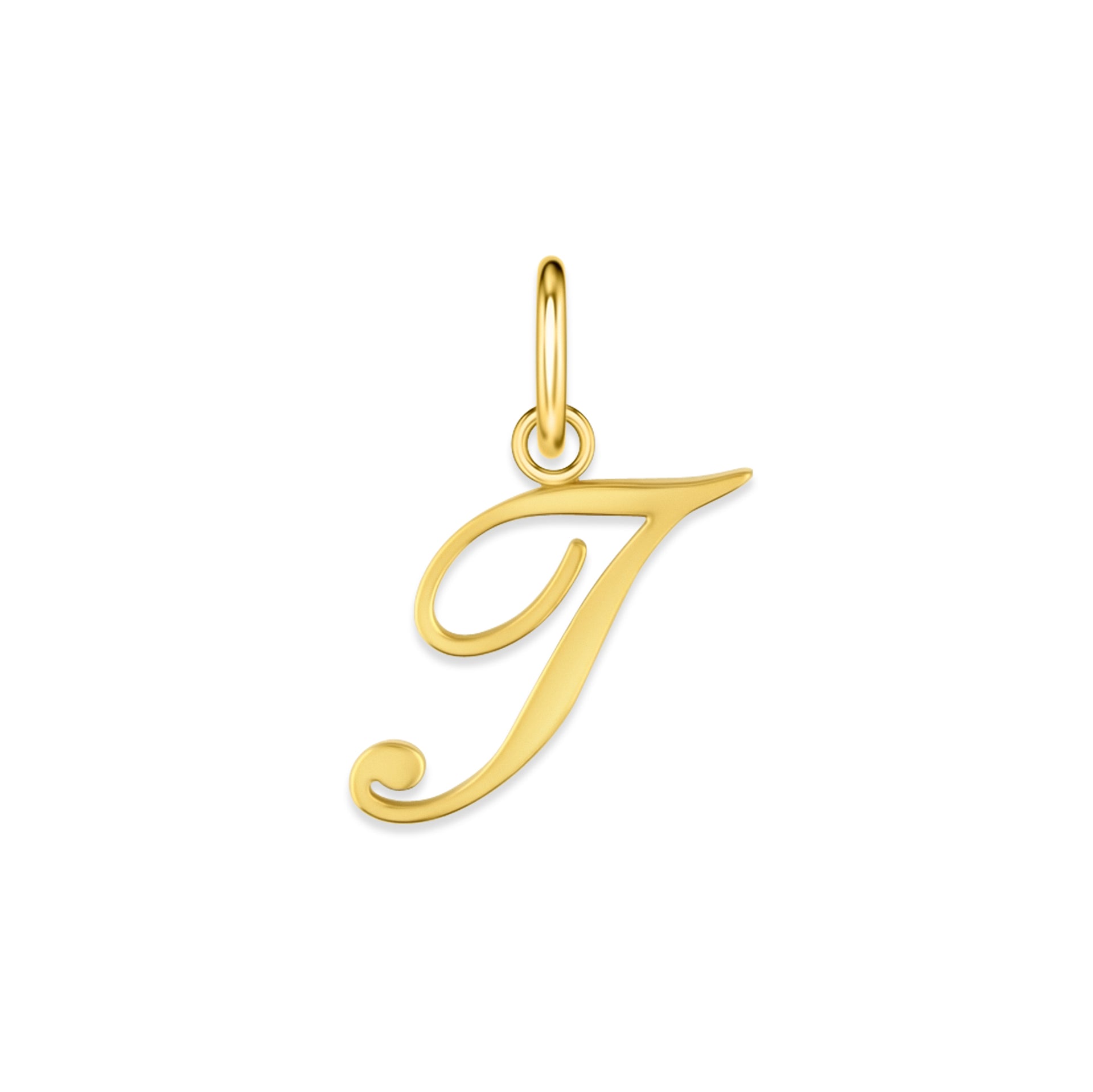 gold stainless steel cursive letter charm "T" on a white background