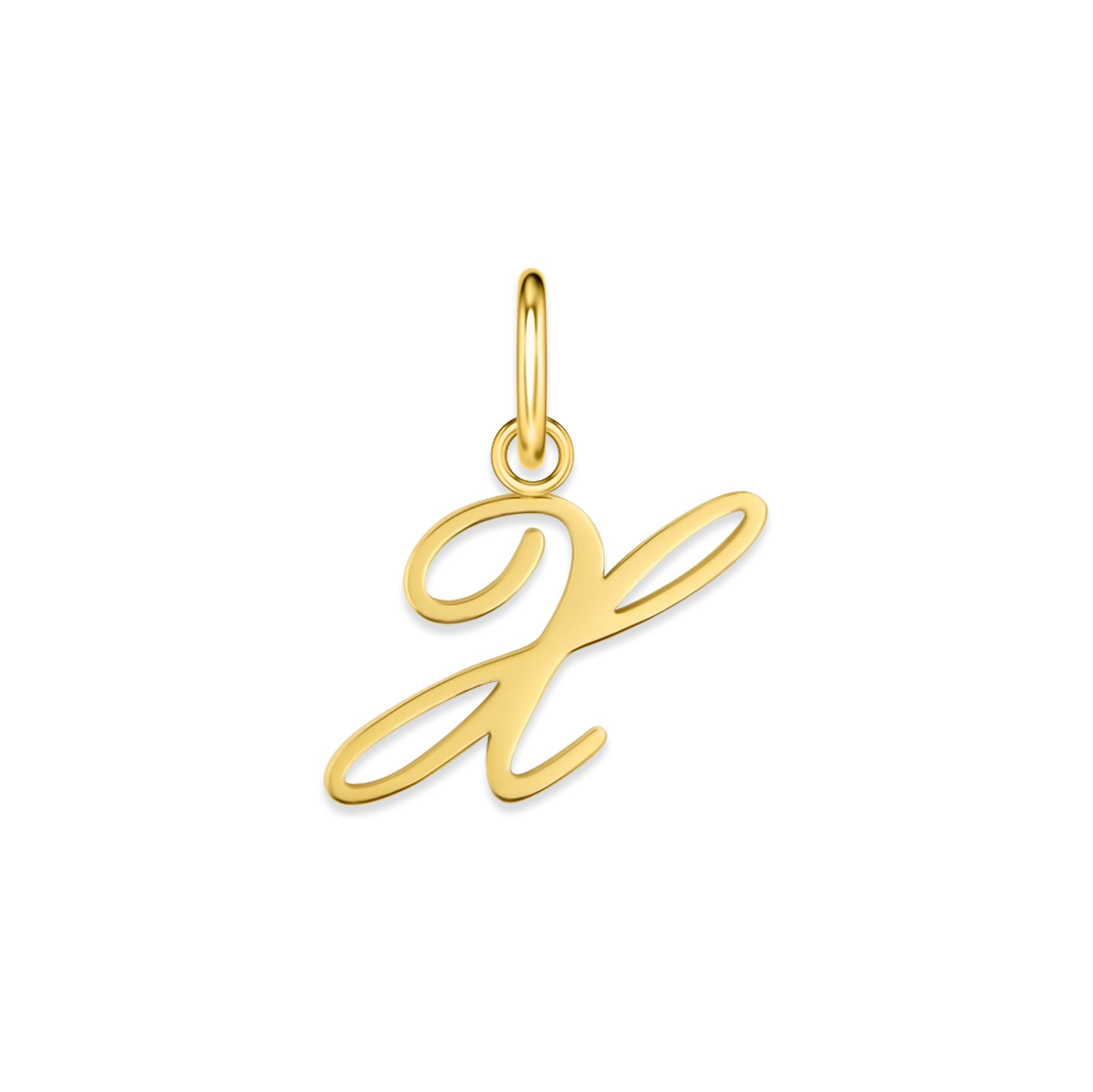 gold stainless steel cursive letter charm "X" on a white background