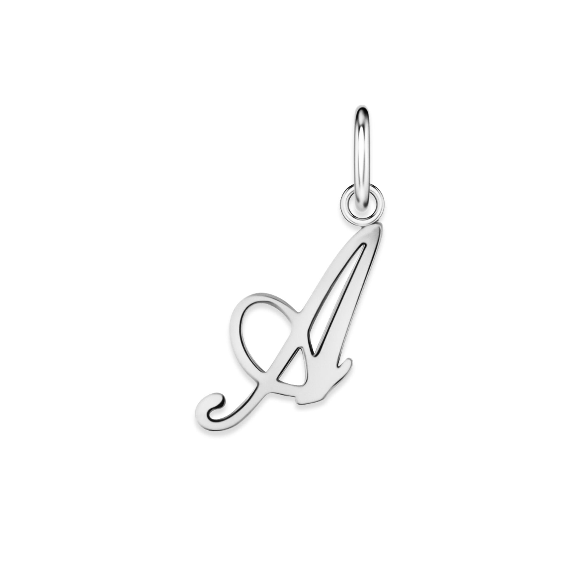 silver stainless steel cursive letter charm "A" on a white background
