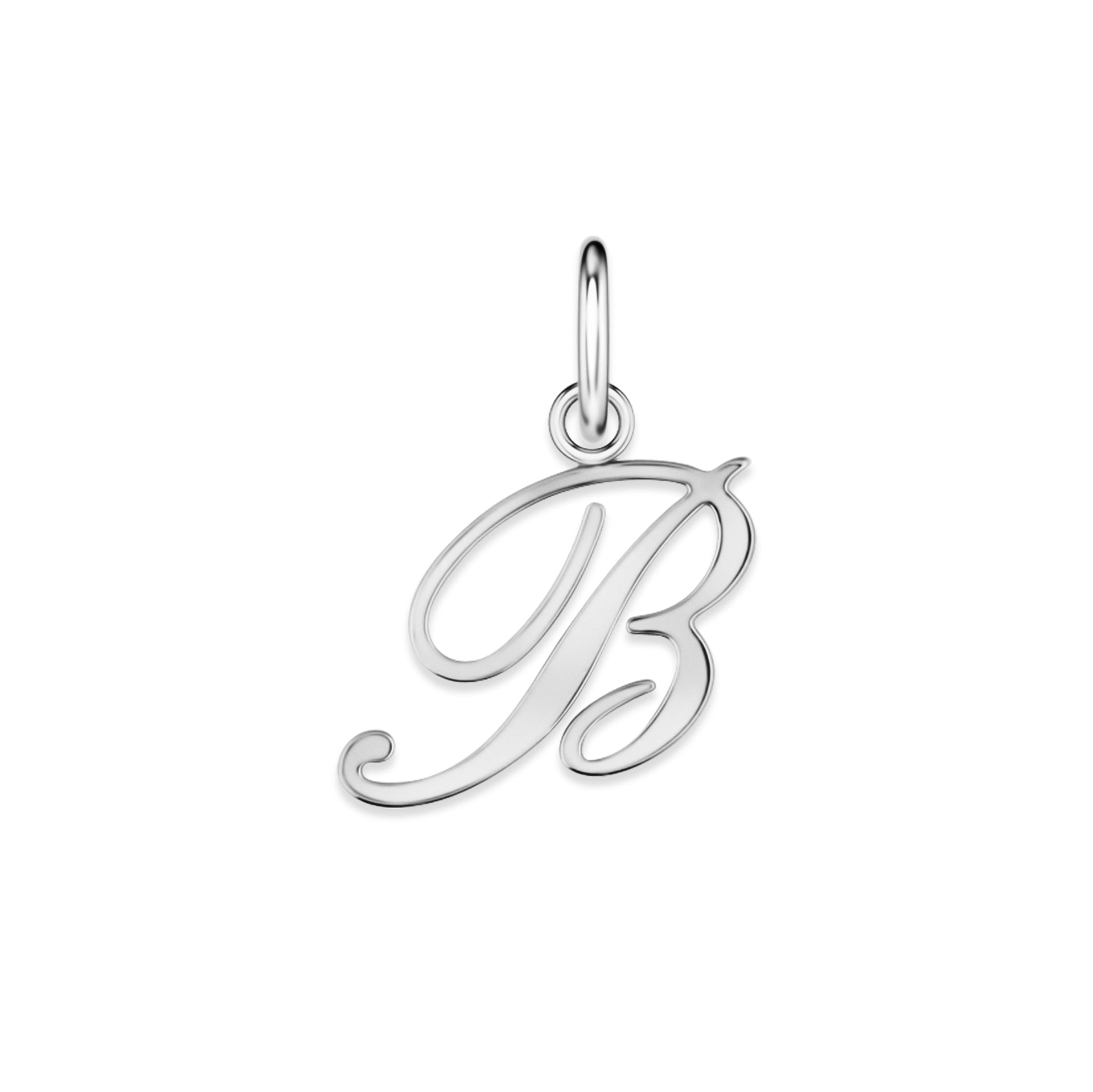 silver stainless steel cursive letter charm "B" on a white background