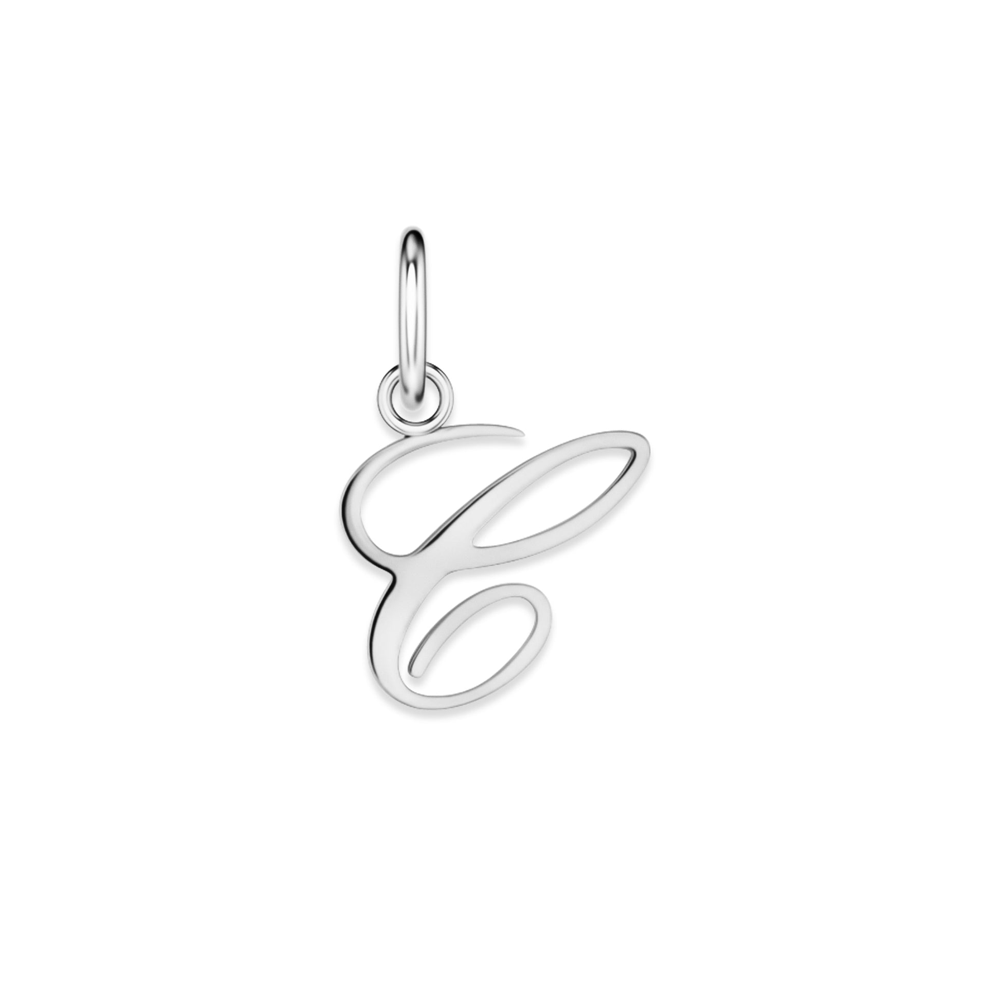 silver stainless steel cursive letter charm "C" on a white background