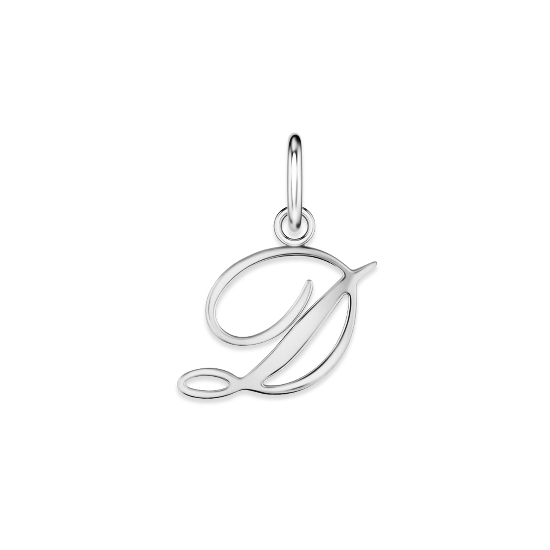 silver stainless steel cursive letter charm "D" on a white background