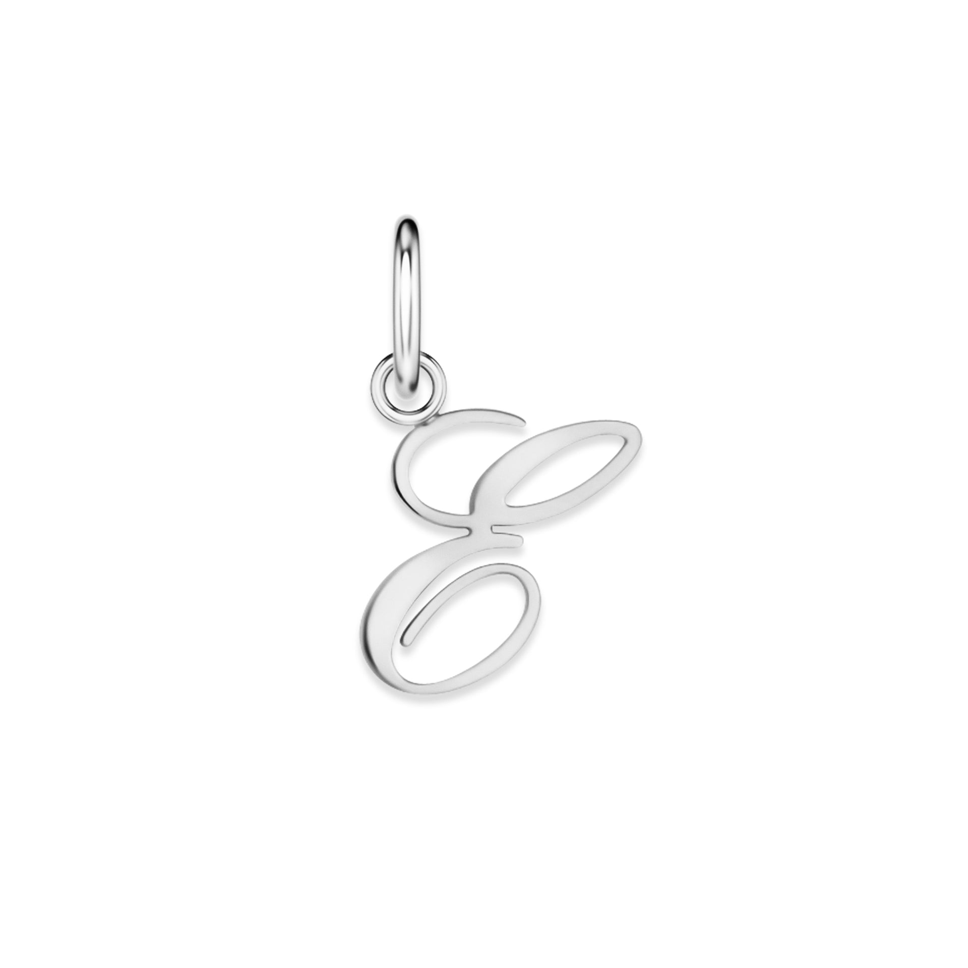 silver stainless steel cursive letter charm "E" on a white background