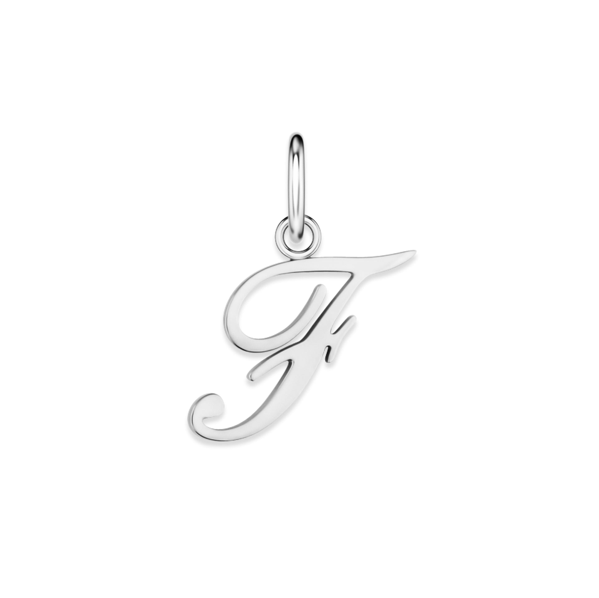 silver stainless steel cursive letter charm "F" on a white background
