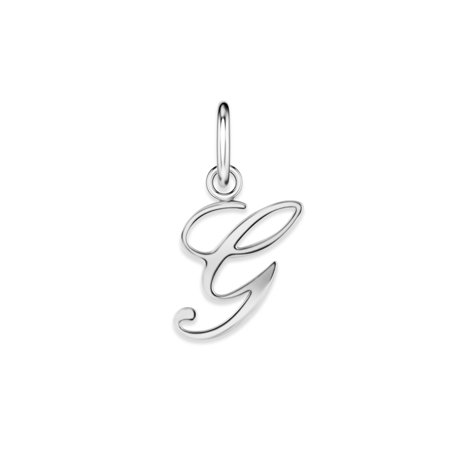 silver stainless steel cursive letter charm "G" on a white background